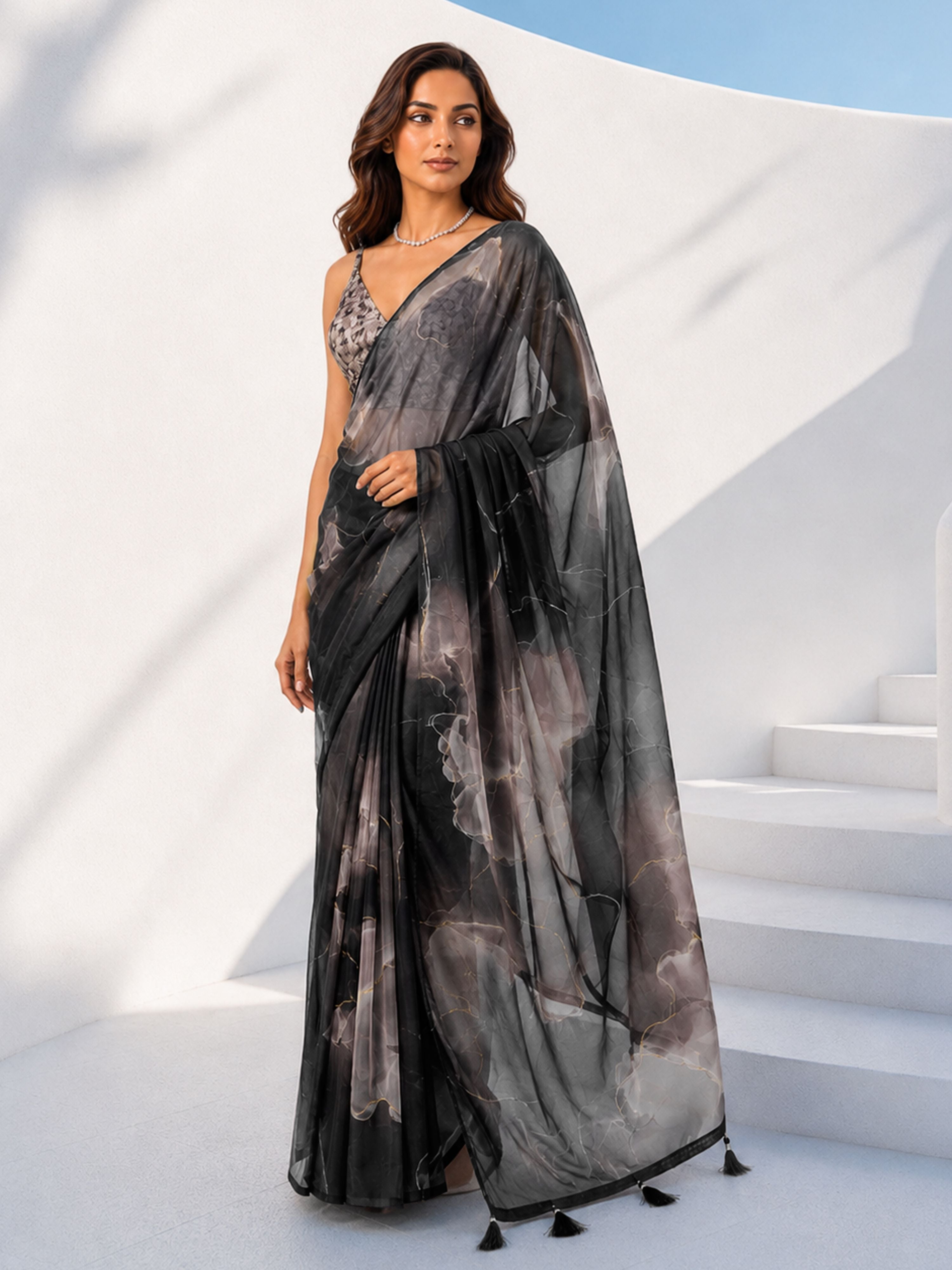 Women's Black Organza Abstract Saree With Unstitched Blouse Piece