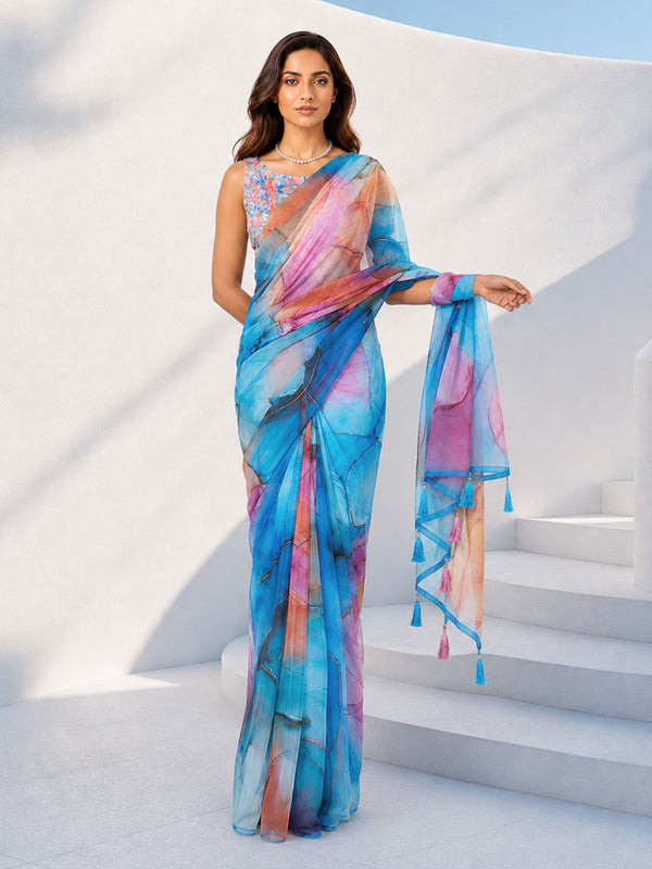 Blue Organza Abstract Printed Saree with Tassel Pallu