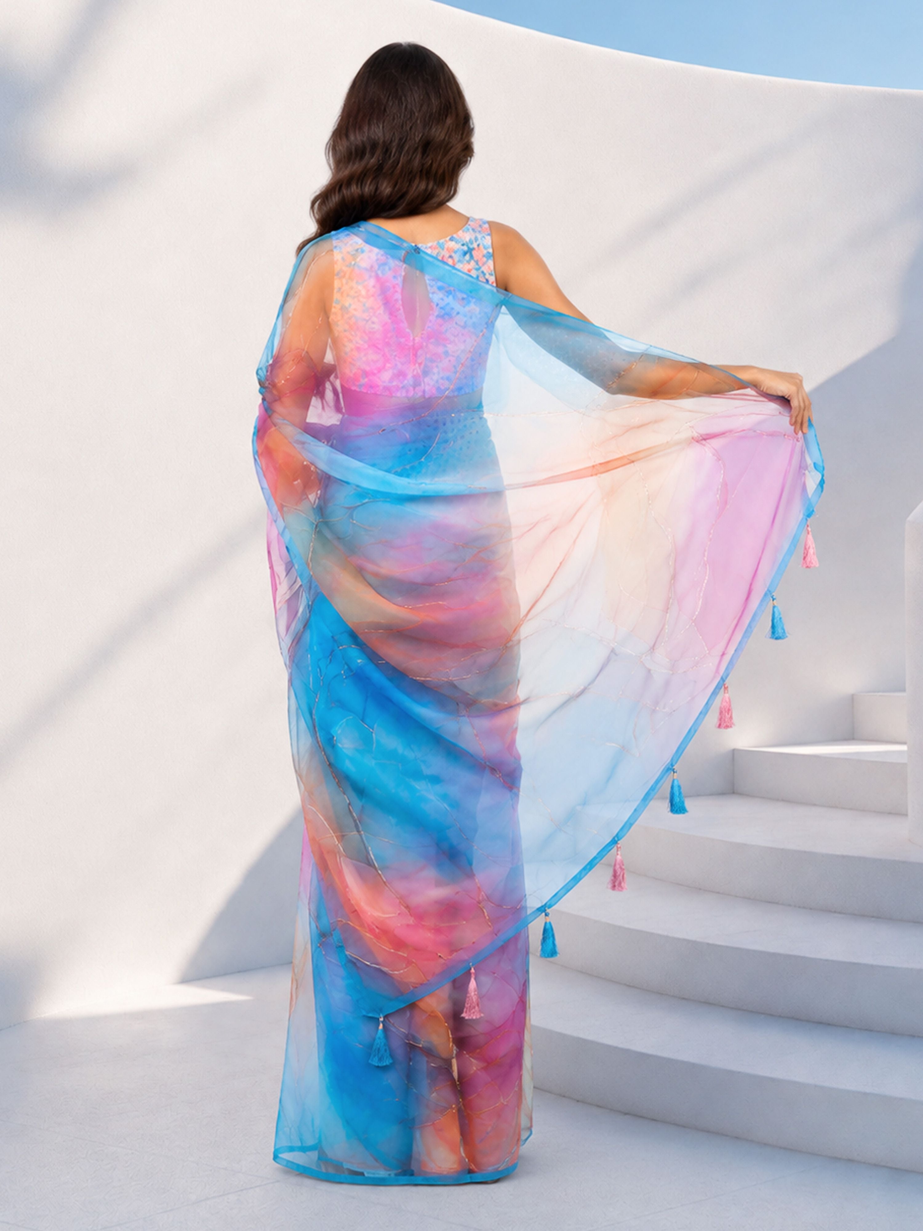 Women's Blue Organza Abstract Saree With Unstitched Blouse Piece