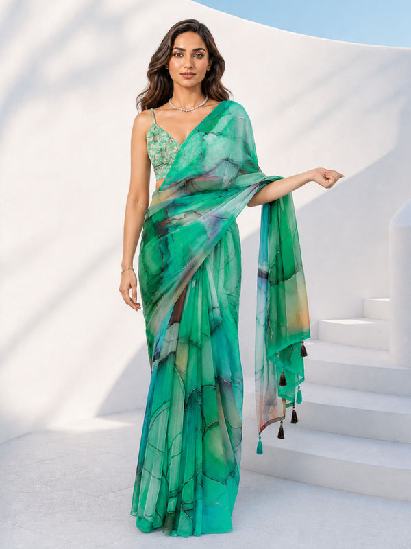 Green Organza Abstract Print Saree with Tassel Pallu
