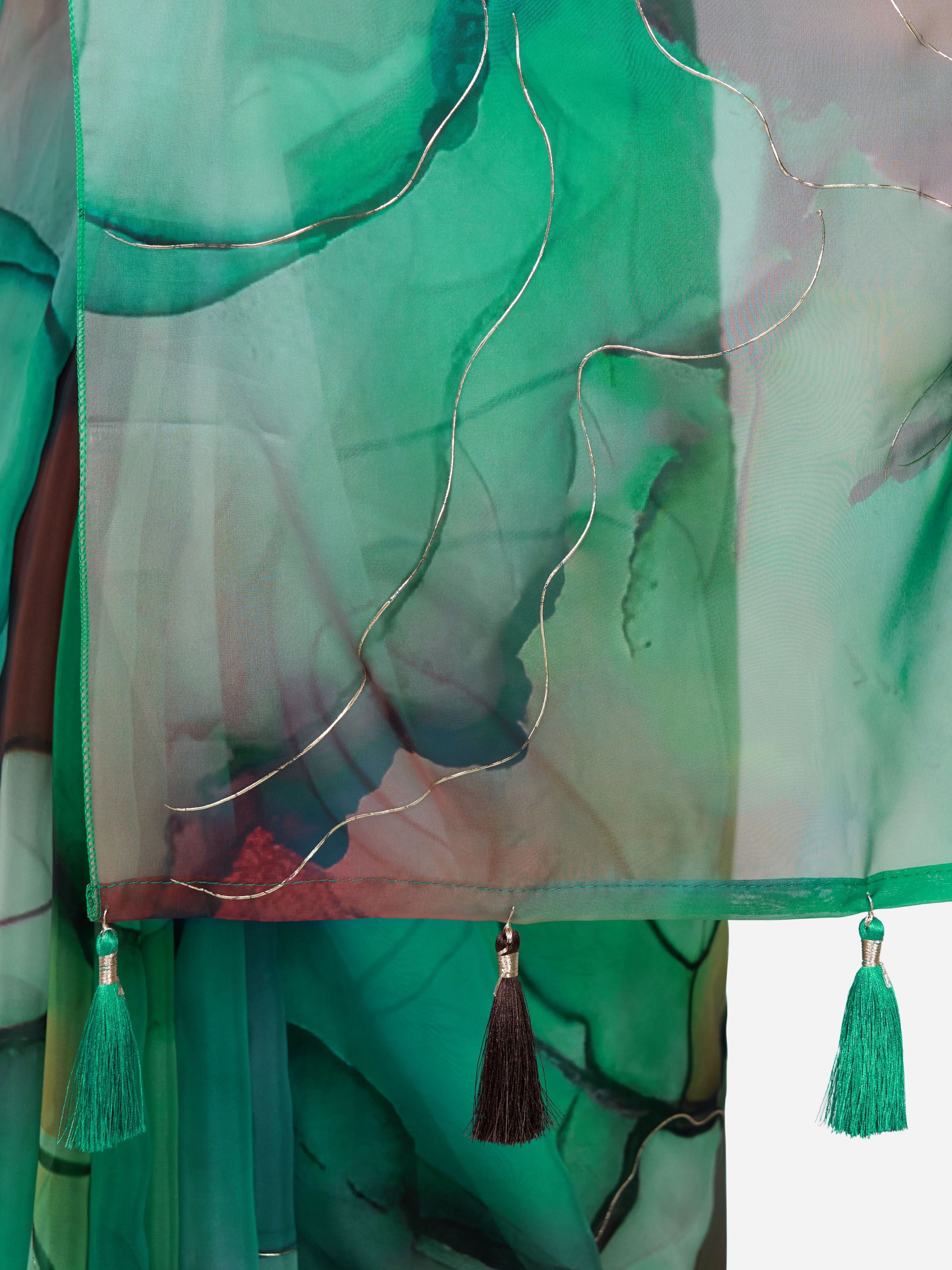 Women's Green Organza Abstract Saree With Unstitched Blouse Piece