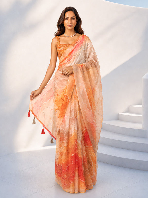 Orange Organza Saree, Abstract Print, Tassel Pallu