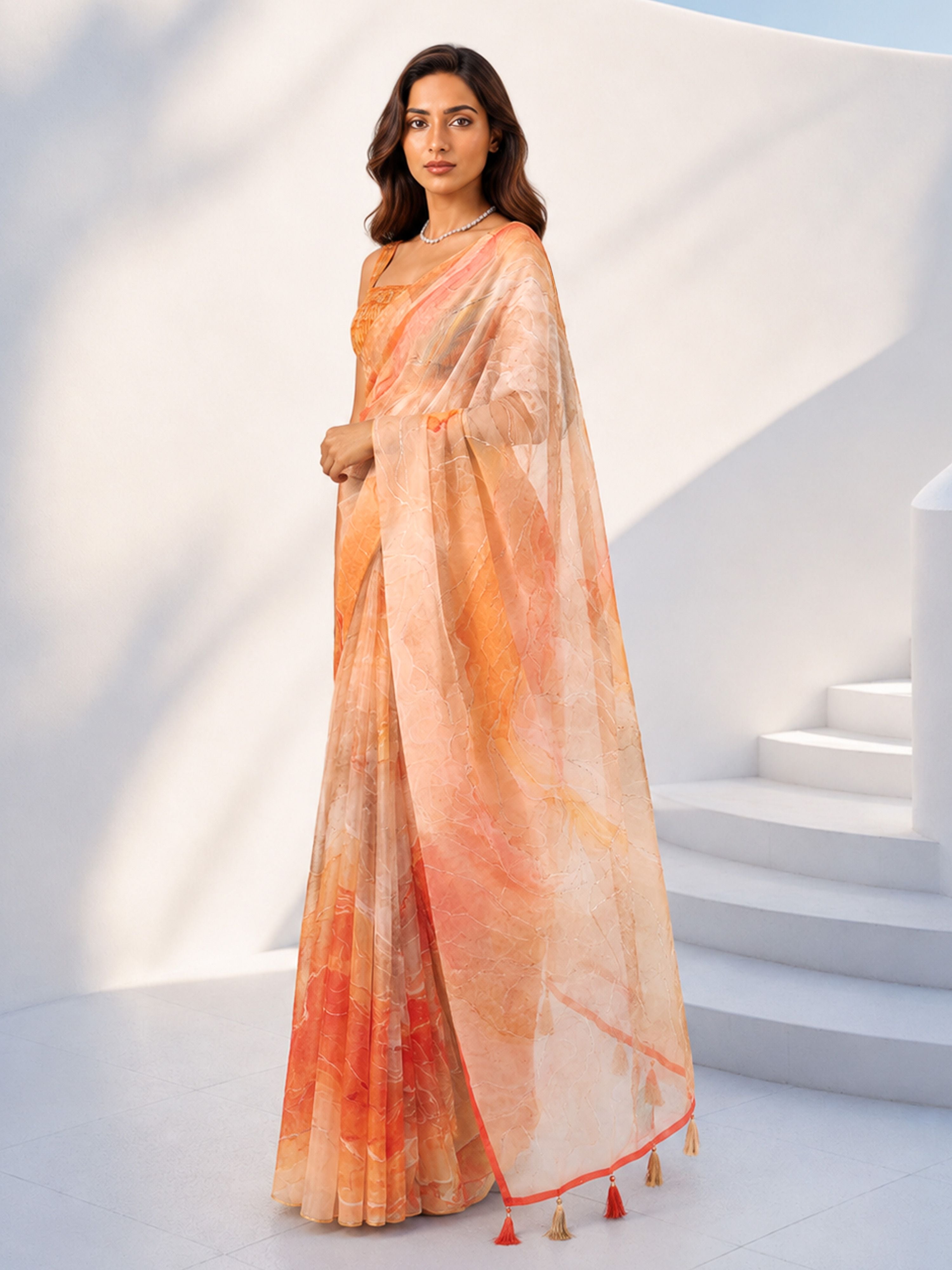 Women's Orange Organza Abstract Saree With Unstitched Blouse Piece