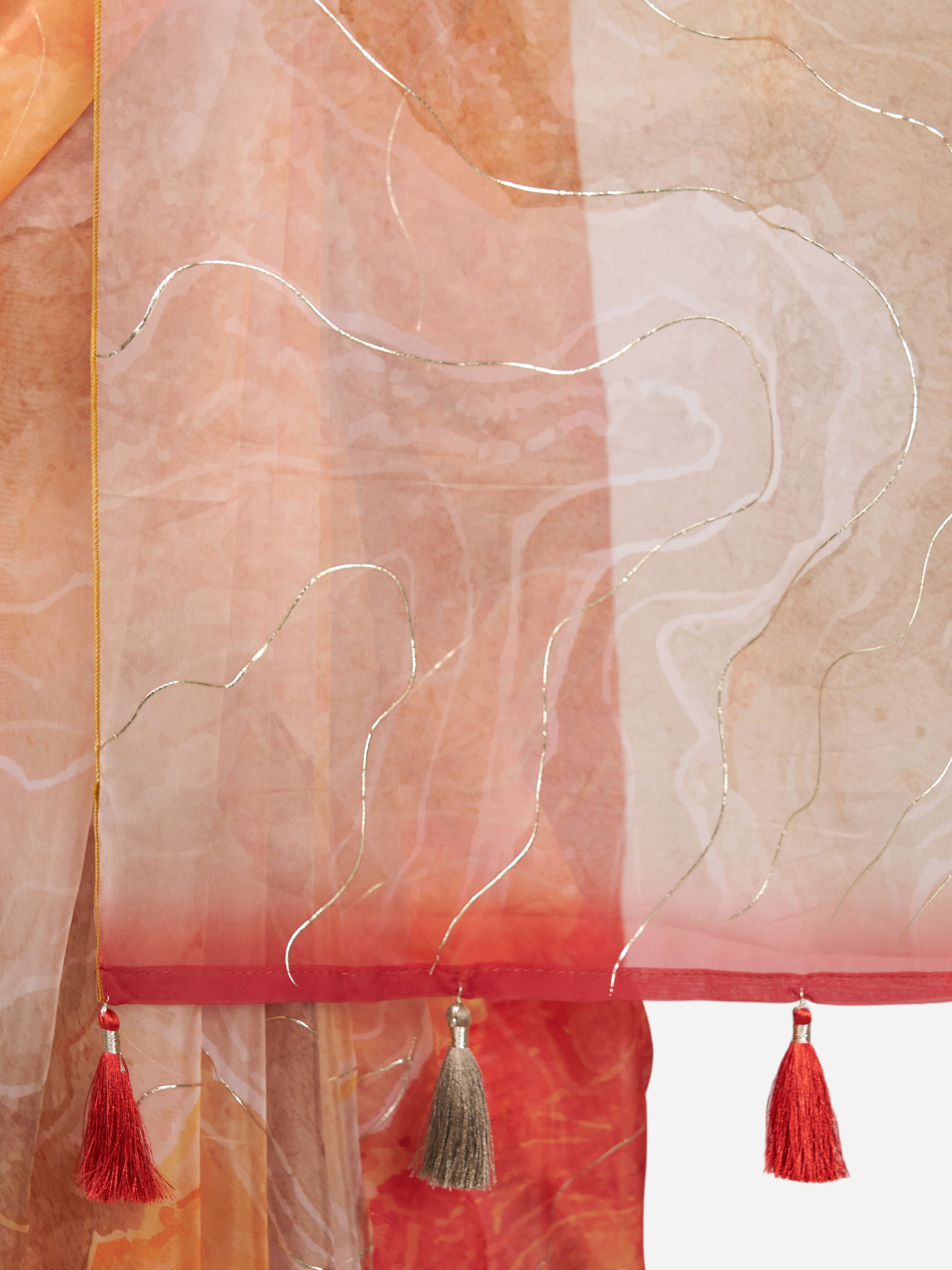 Women's Orange Organza Abstract Saree With Unstitched Blouse Piece