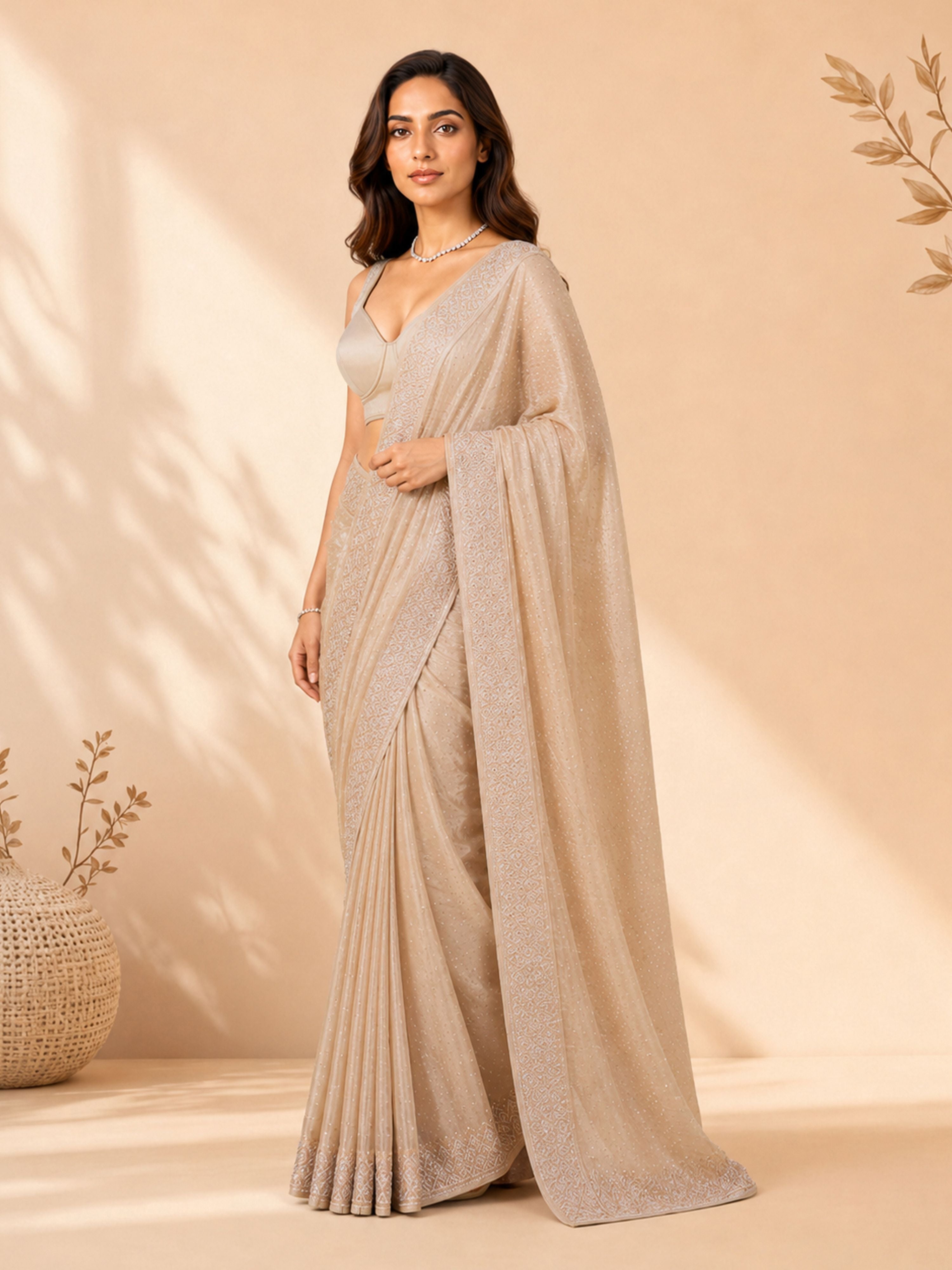 Women's Beige Silk-Blend Embellished Saree With Unstitched Blouse Piece