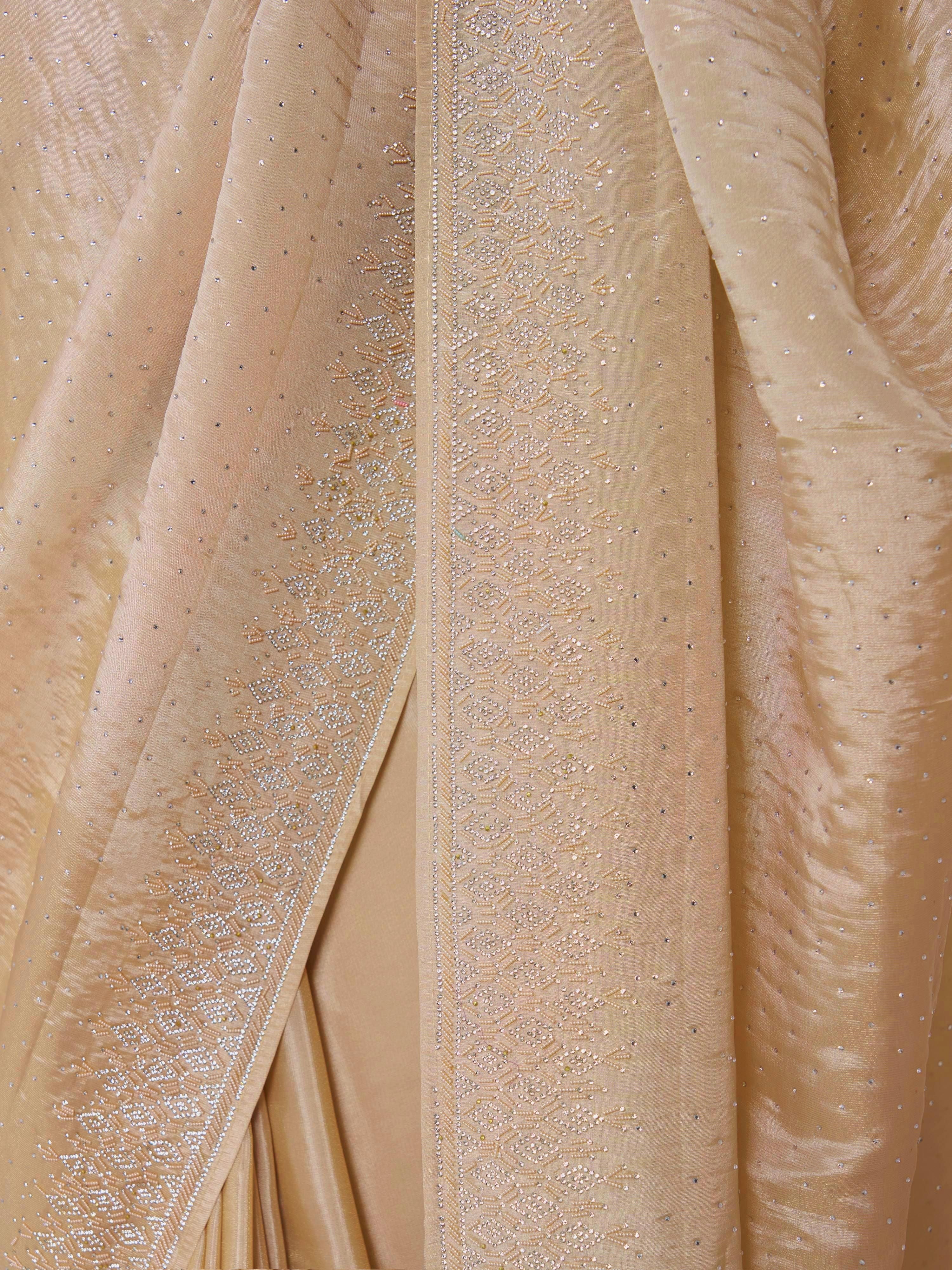 Women's Beige Silk-Blend Embellished Saree With Unstitched Blouse Piece