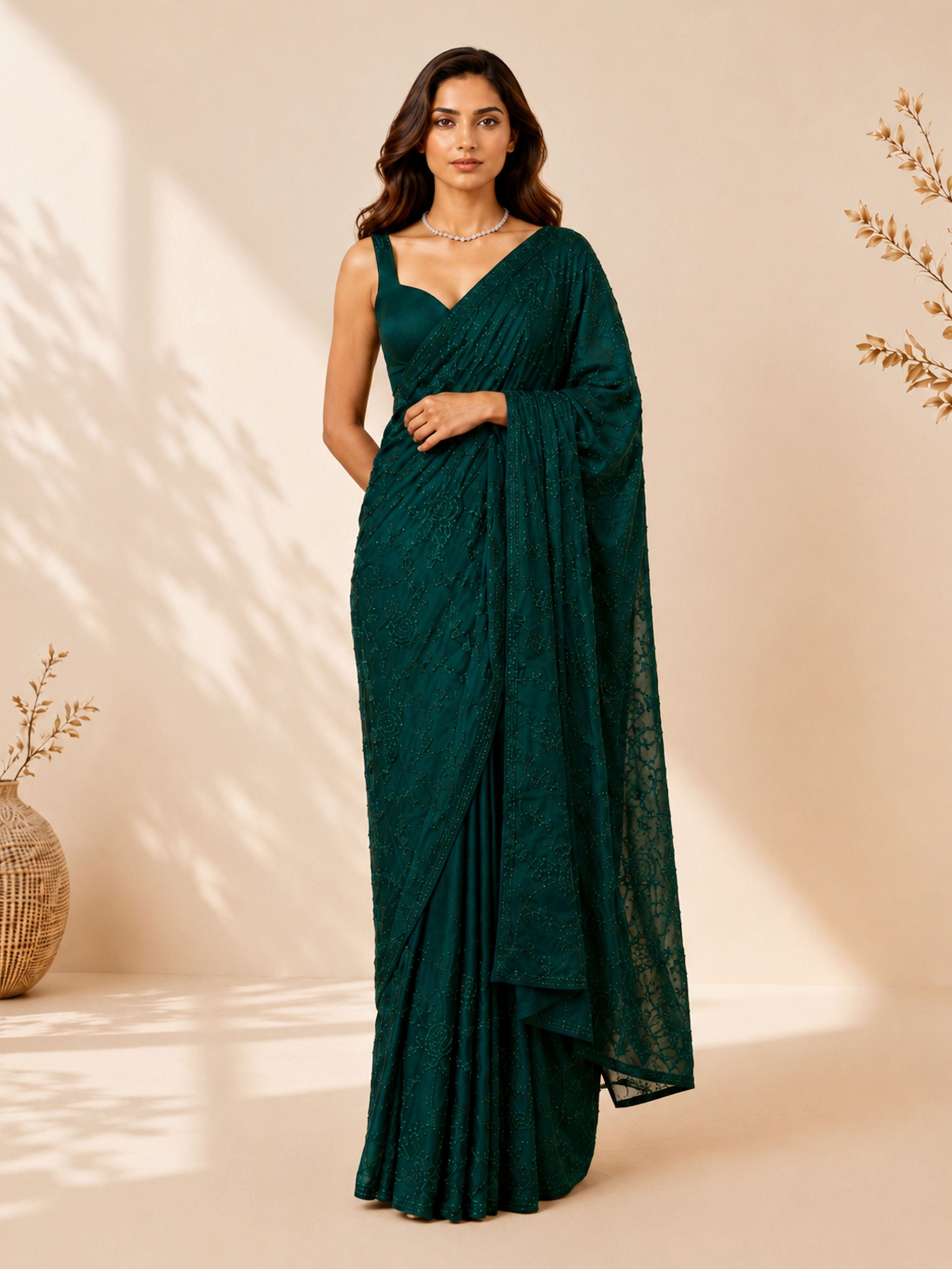 Women's Green Satin Embellished Saree With Unstitched Blouse Piece