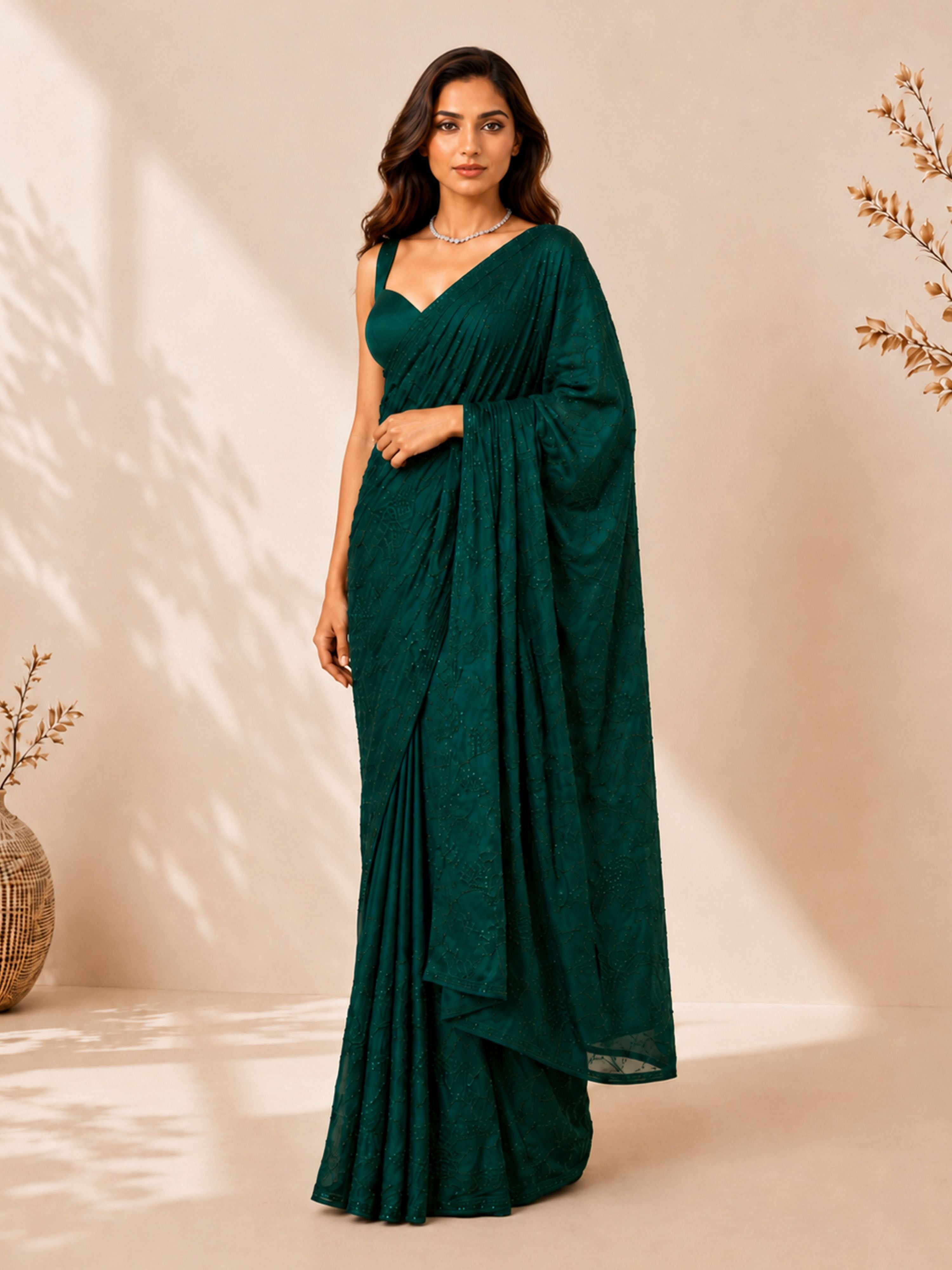 Women's Green Satin Embellished Saree With Unstitched Blouse Piece