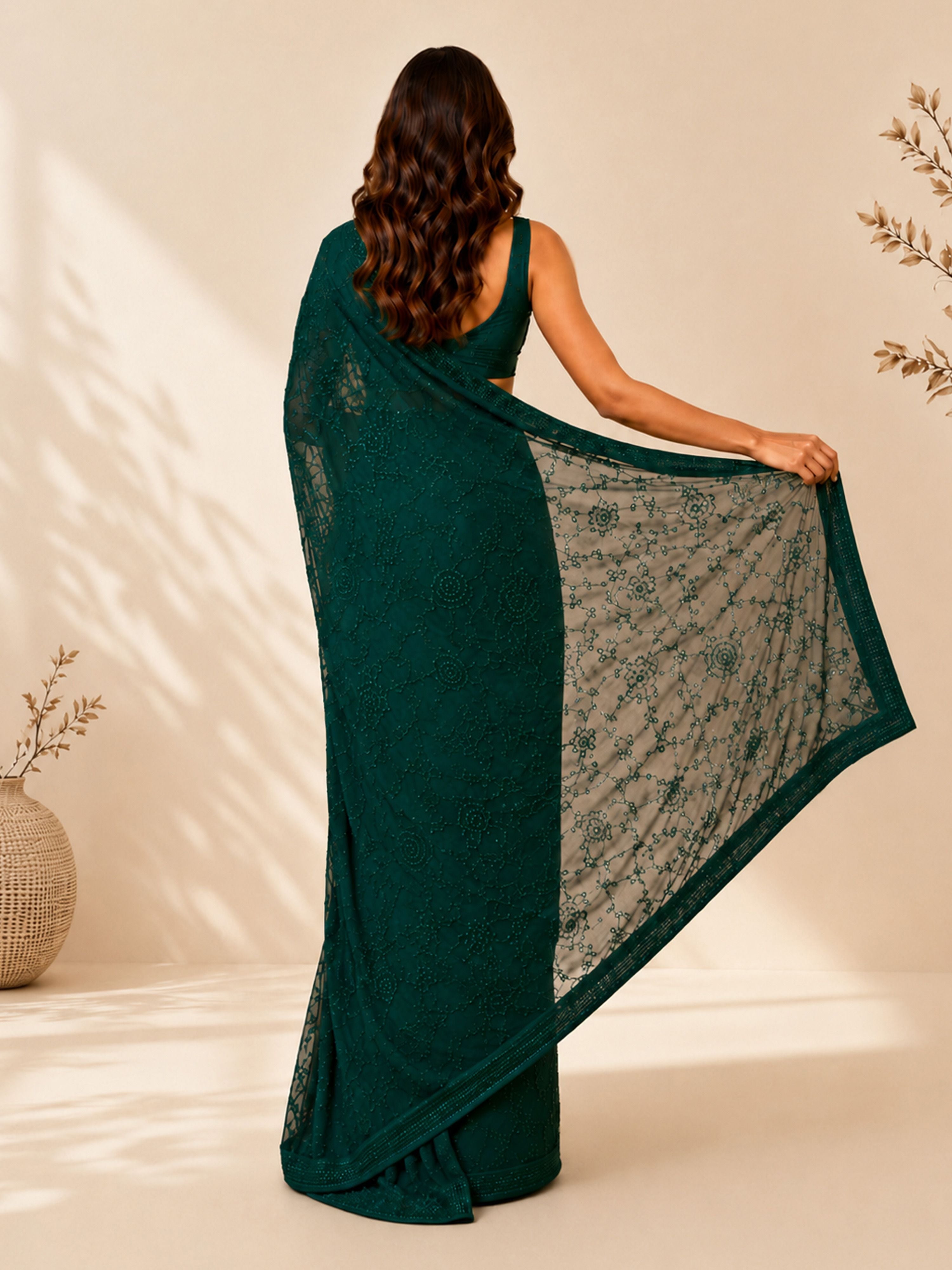 Women's Green Satin Embellished Saree With Unstitched Blouse Piece