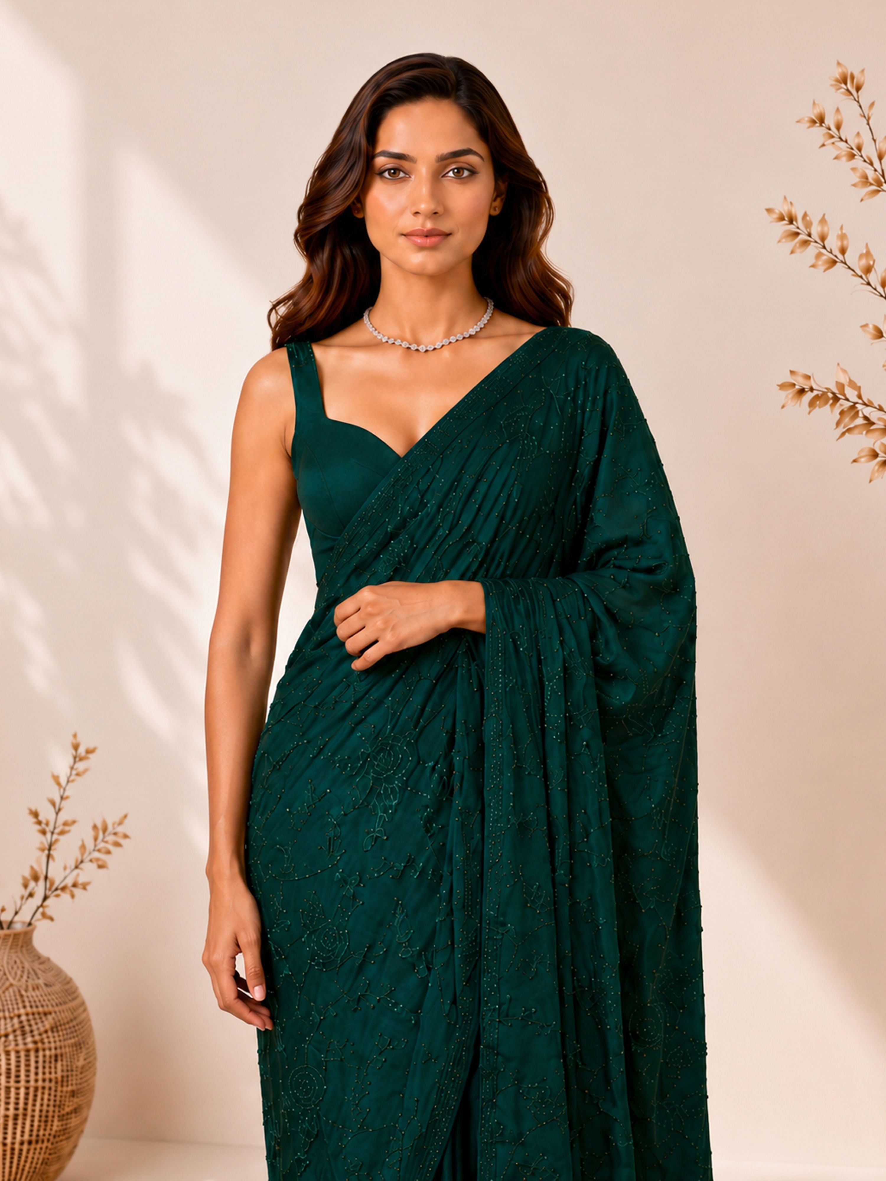 Women's Green Satin Embellished Saree With Unstitched Blouse Piece