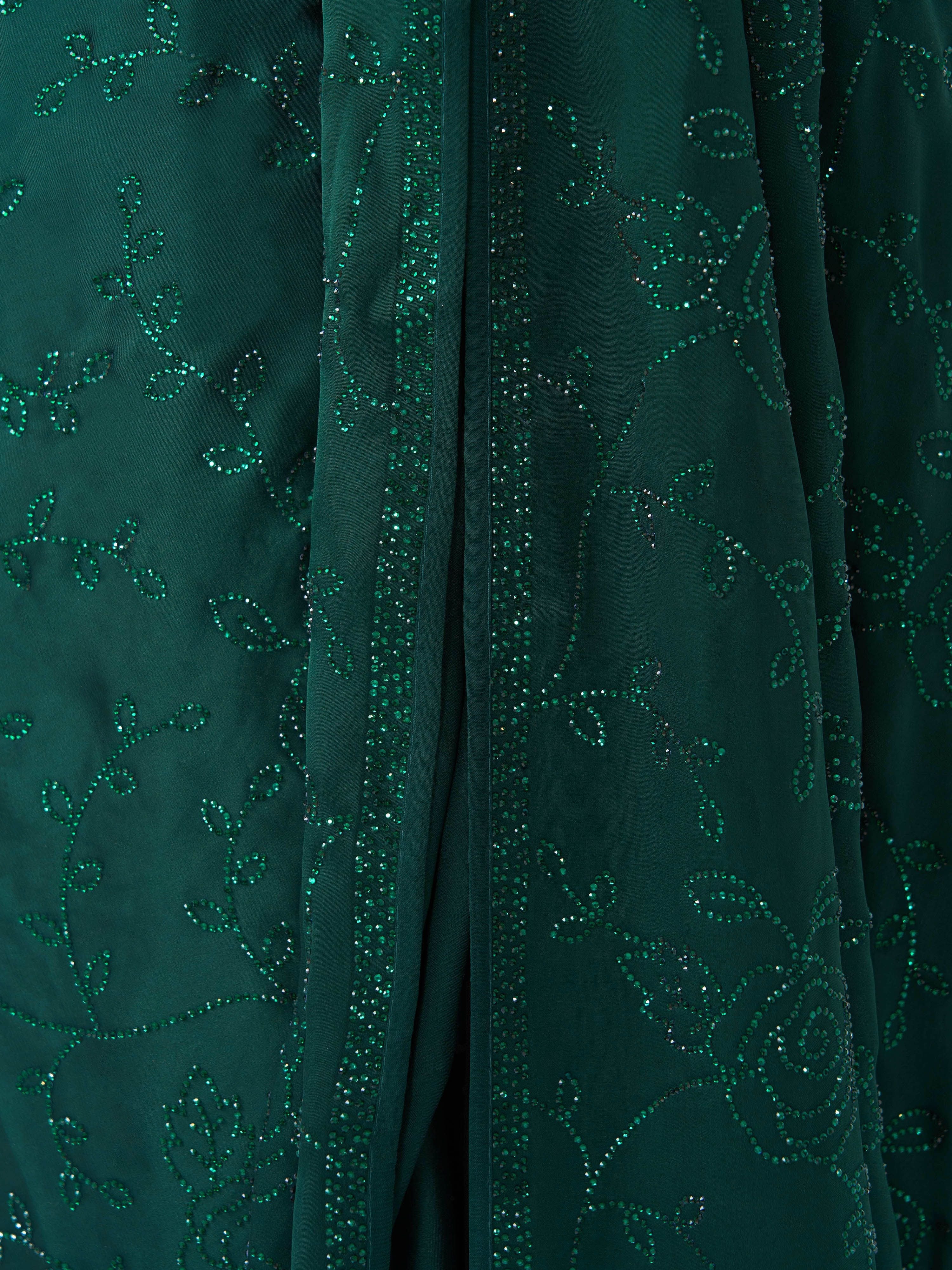 Women's Green Satin Embellished Saree With Unstitched Blouse Piece
