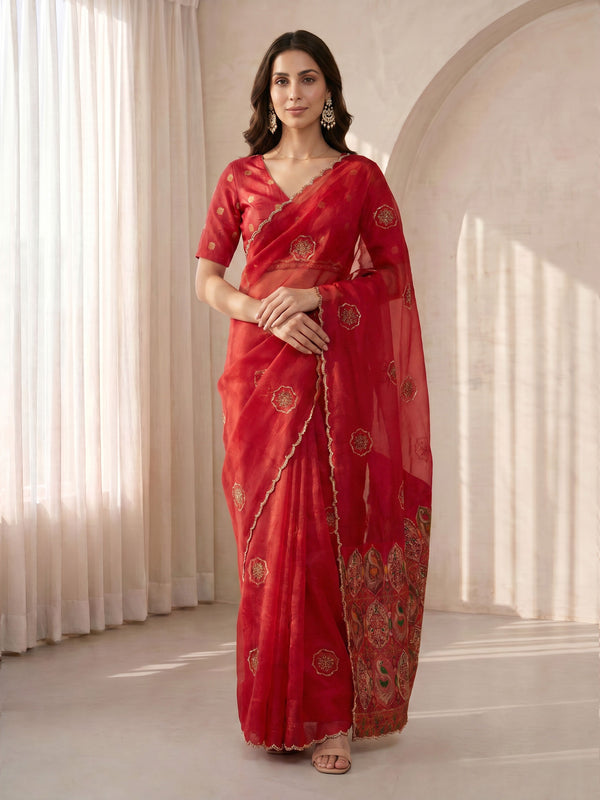 Red Brocade Saree with Zari Border & Pallu | Wedding Wear