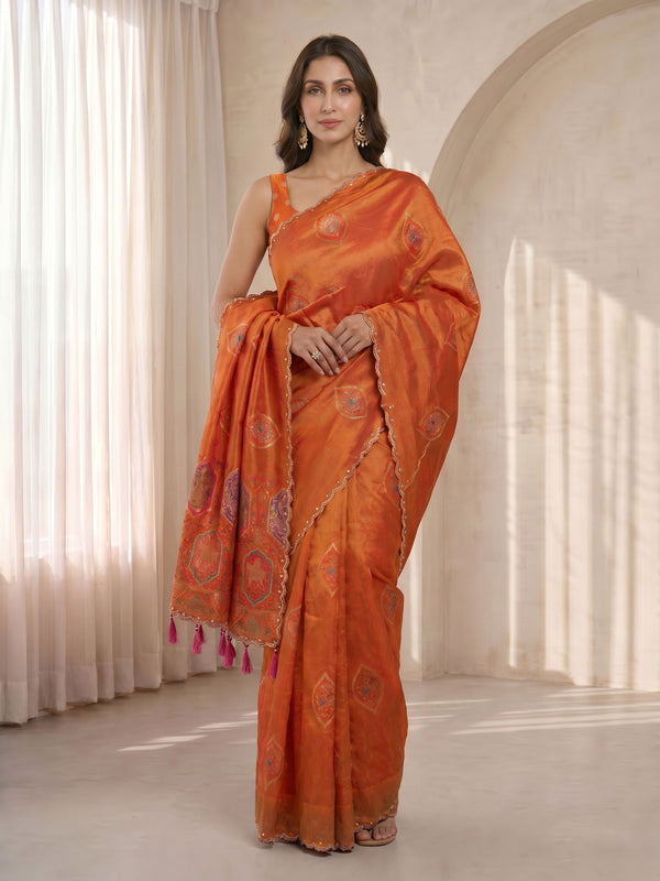 Orange Brocade Saree with Ethnic Motifs & Zari Work