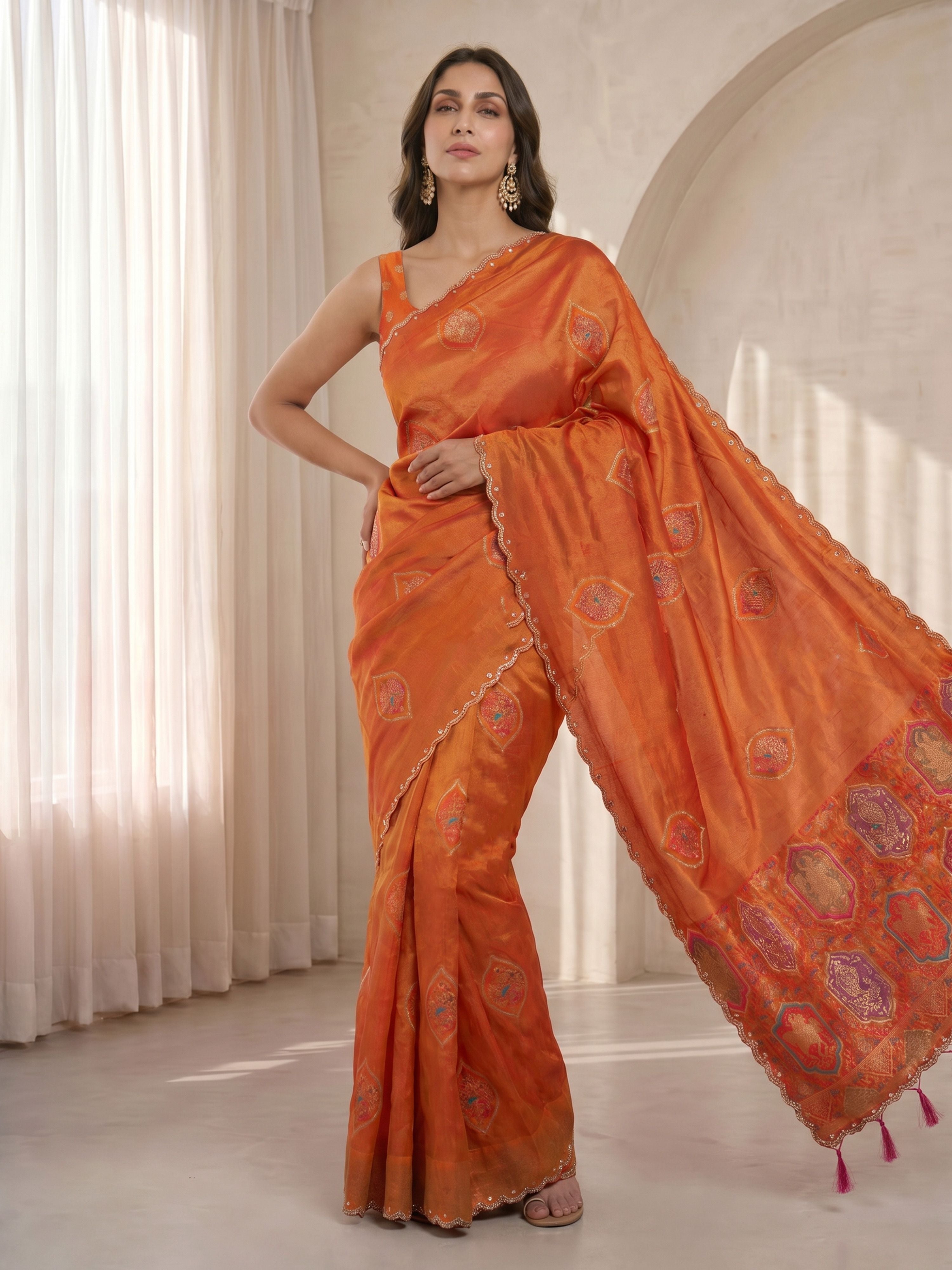 Women's Orange Jacquard Ethnic Motifs Saree With Unstitched Blouse Piece