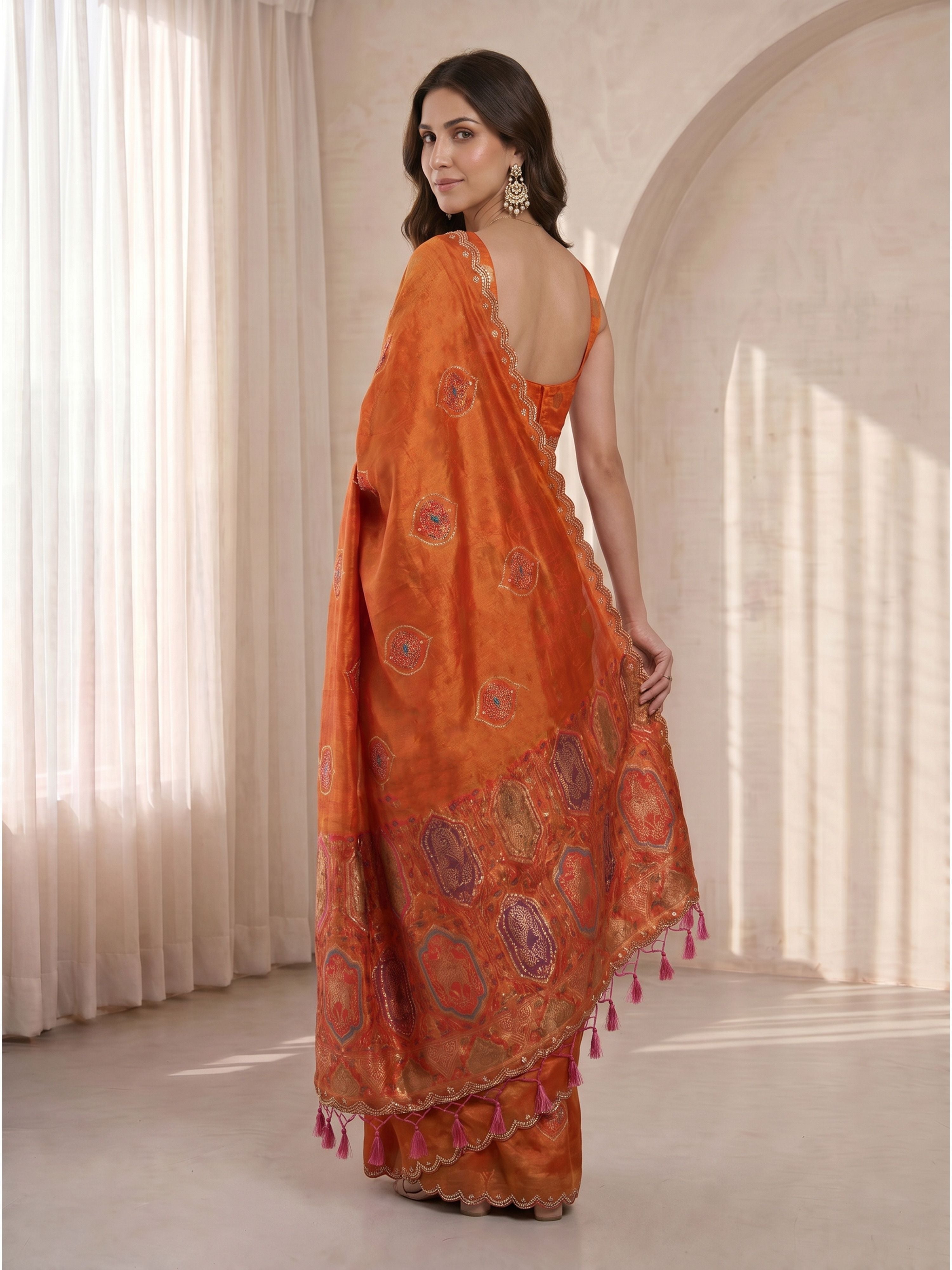 Women's Orange Jacquard Ethnic Motifs Saree With Unstitched Blouse Piece