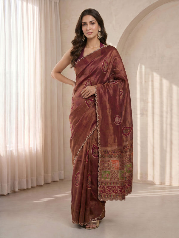 Brown Brocade Silk Saree with Ethnic Motifs & Stone Border