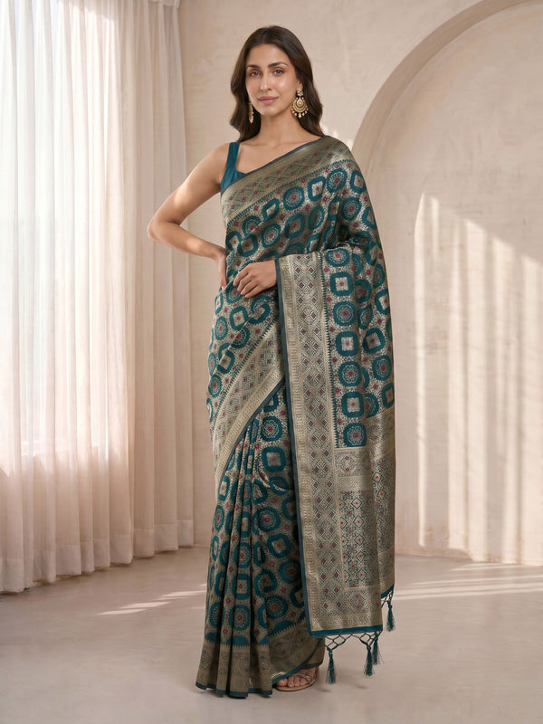 Women's Blue Cotton-Silk Geometric Print Saree With Unstitched Blouse Piece