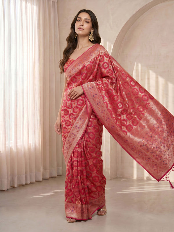 Fuchsia Cotton-Silk Geometric Woven Saree with Zari