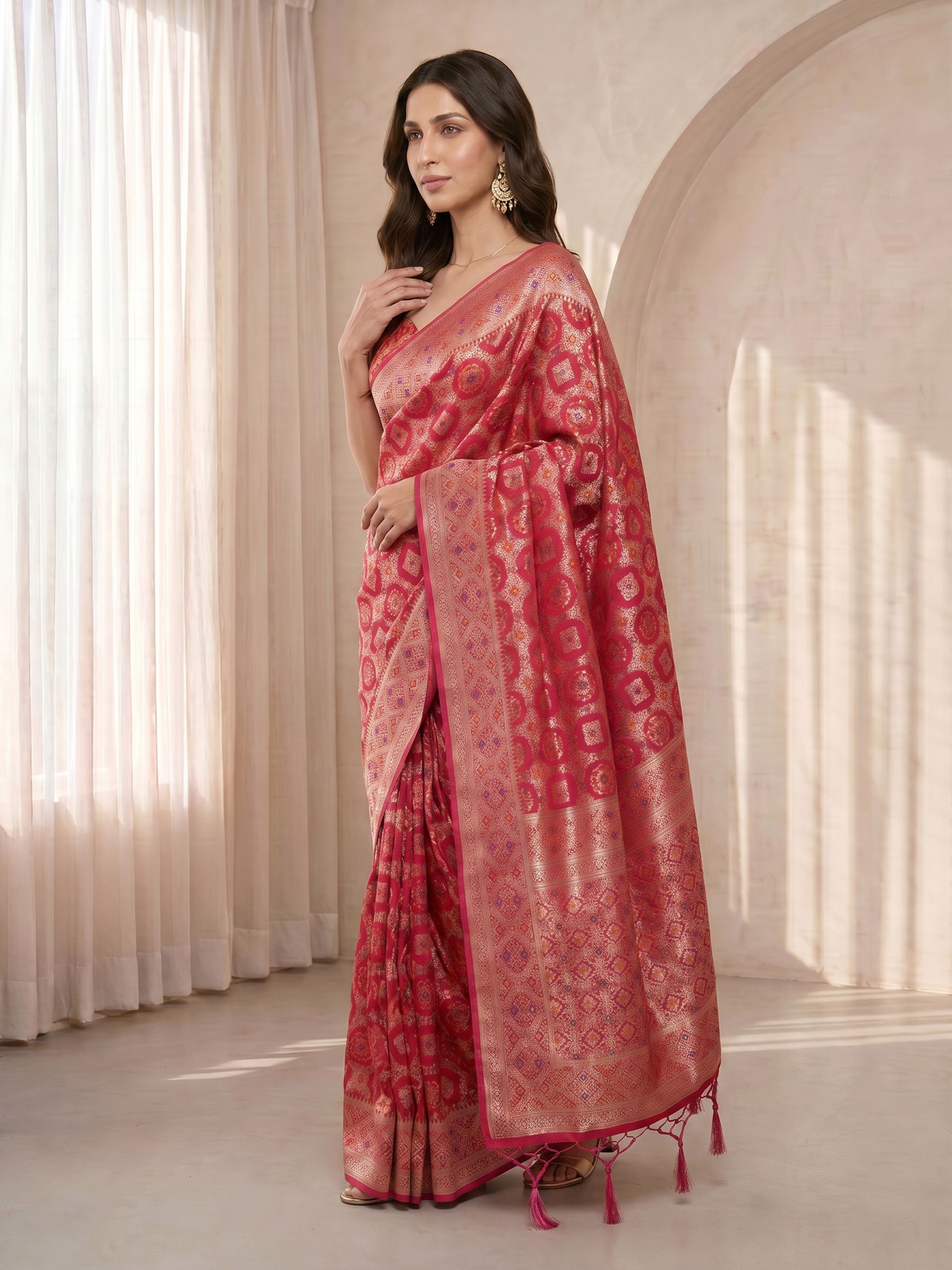 Women's Fuchsia Cotton-Silk Geometric Print Saree With Unstitched Blouse Piece