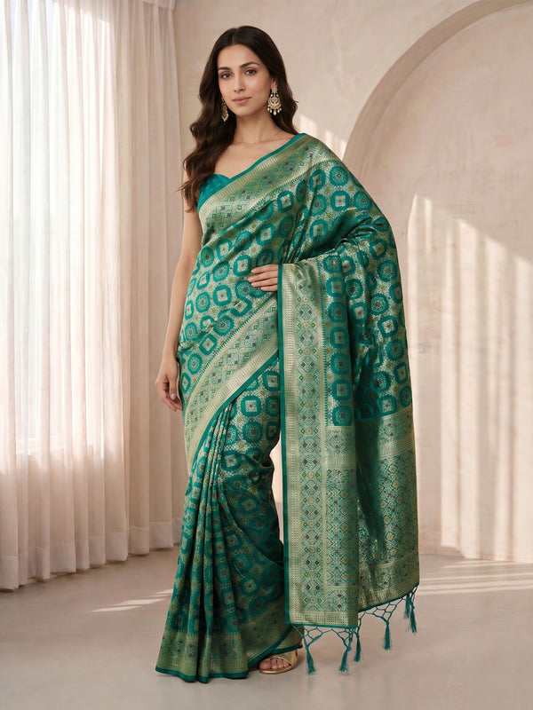 Green Cotton-Silk Woven Geometric Saree with Zari Border