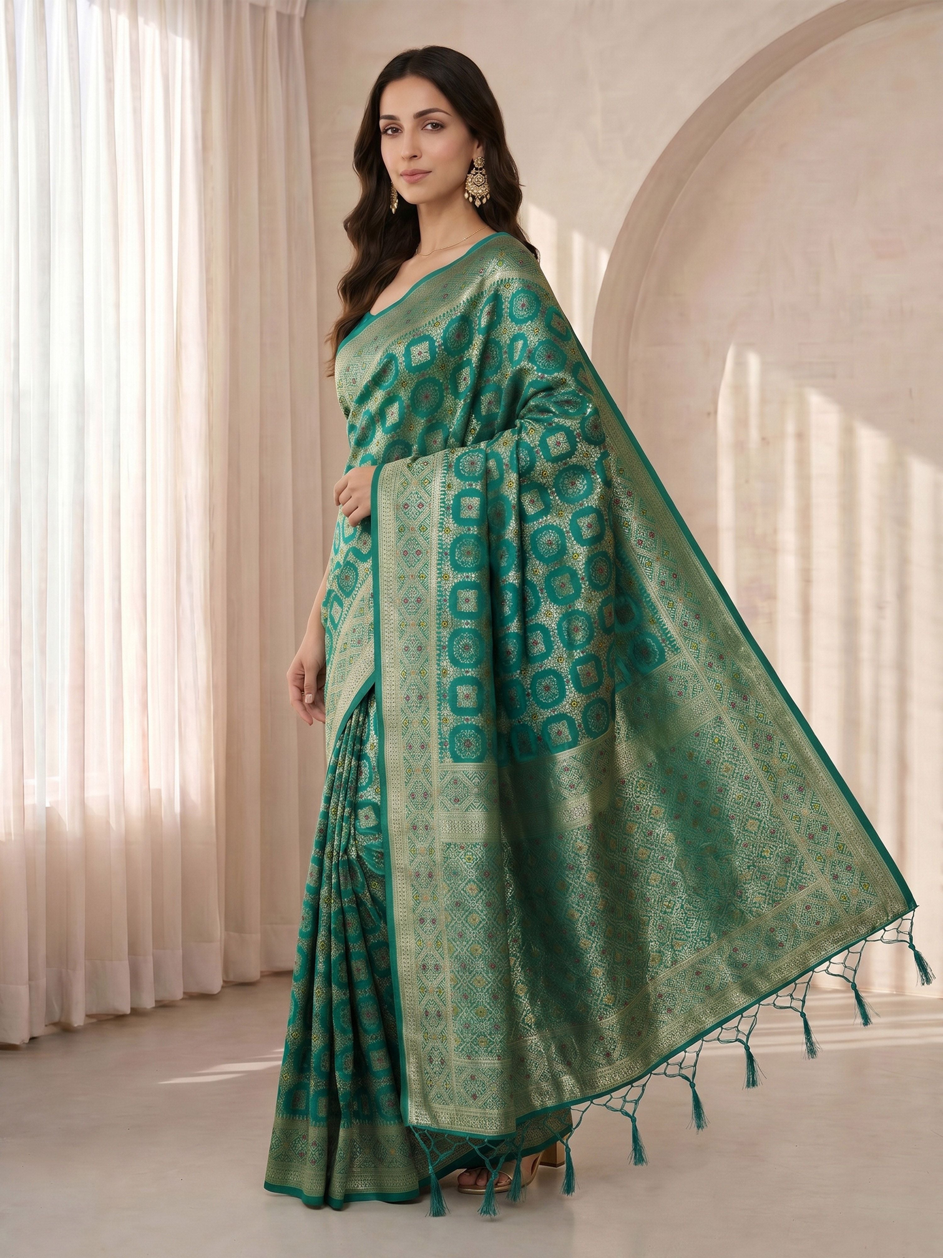 Women's Green Cotton-Silk Geometric Print Saree With Unstitched Blouse Piece