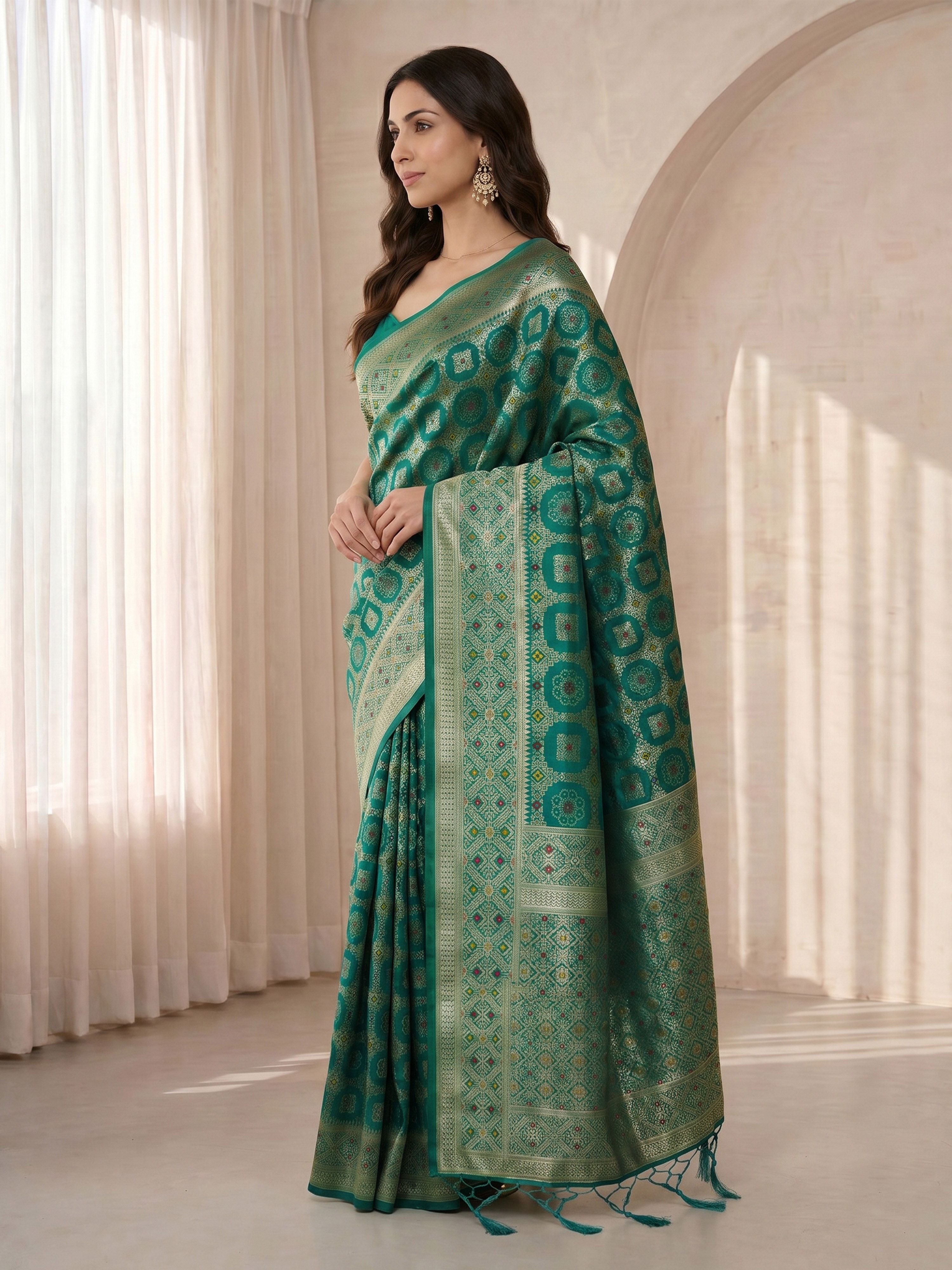Women's Green Cotton-Silk Geometric Print Saree With Unstitched Blouse Piece