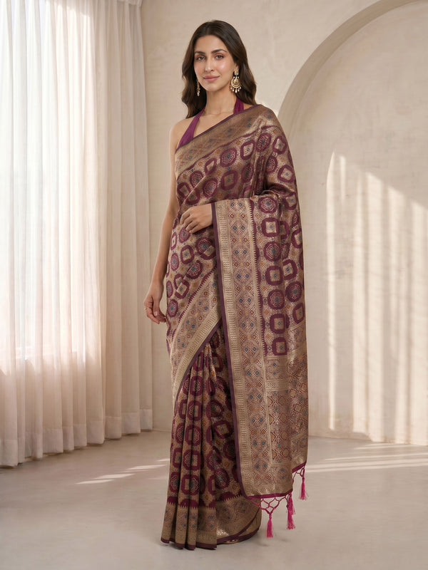 Purple Silk Cotton Geometric Woven Saree with Zari Border