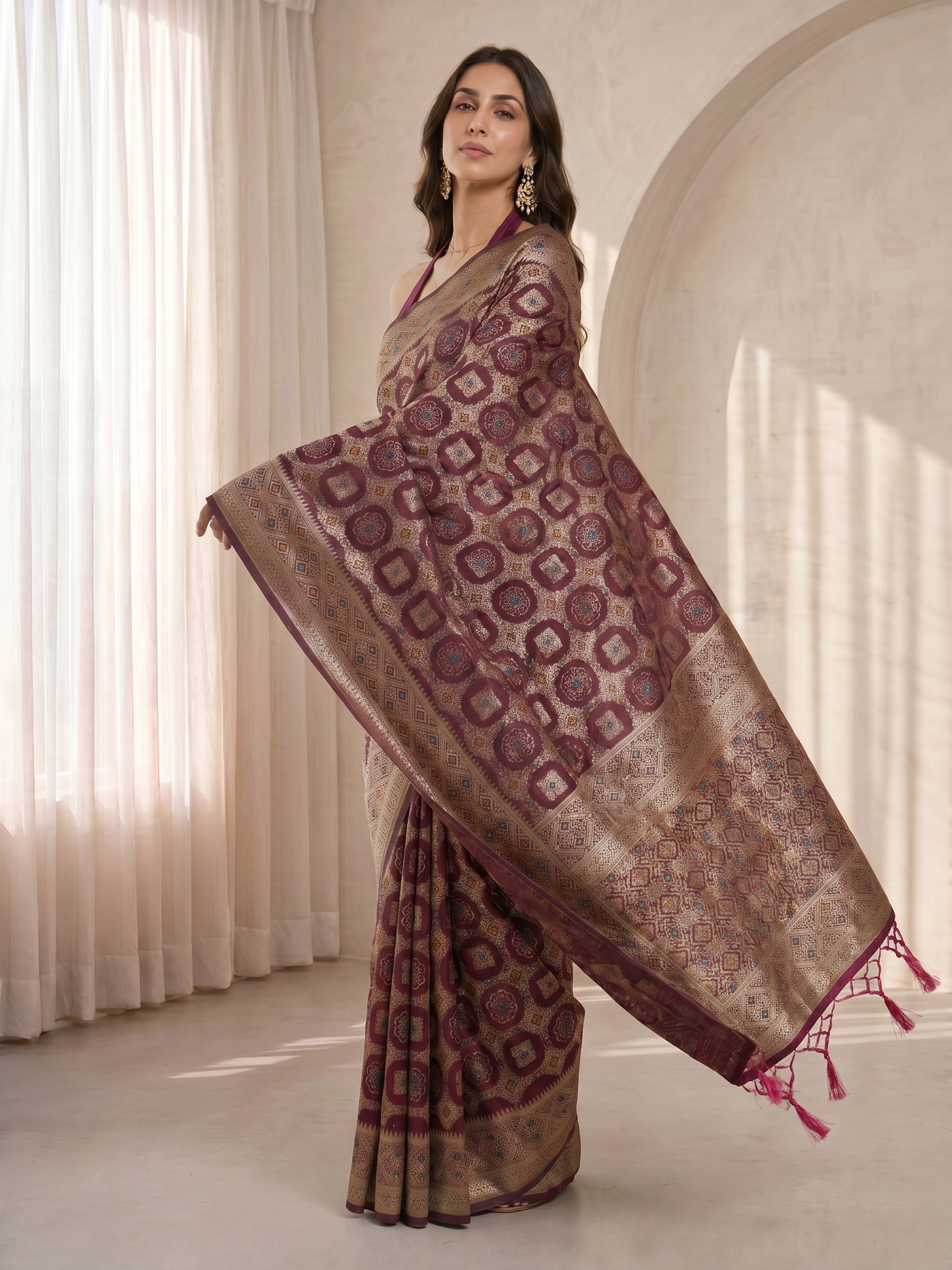 Women's Purple Cotton-Silk Geometric Print Saree With Unstitched Blouse Piece
