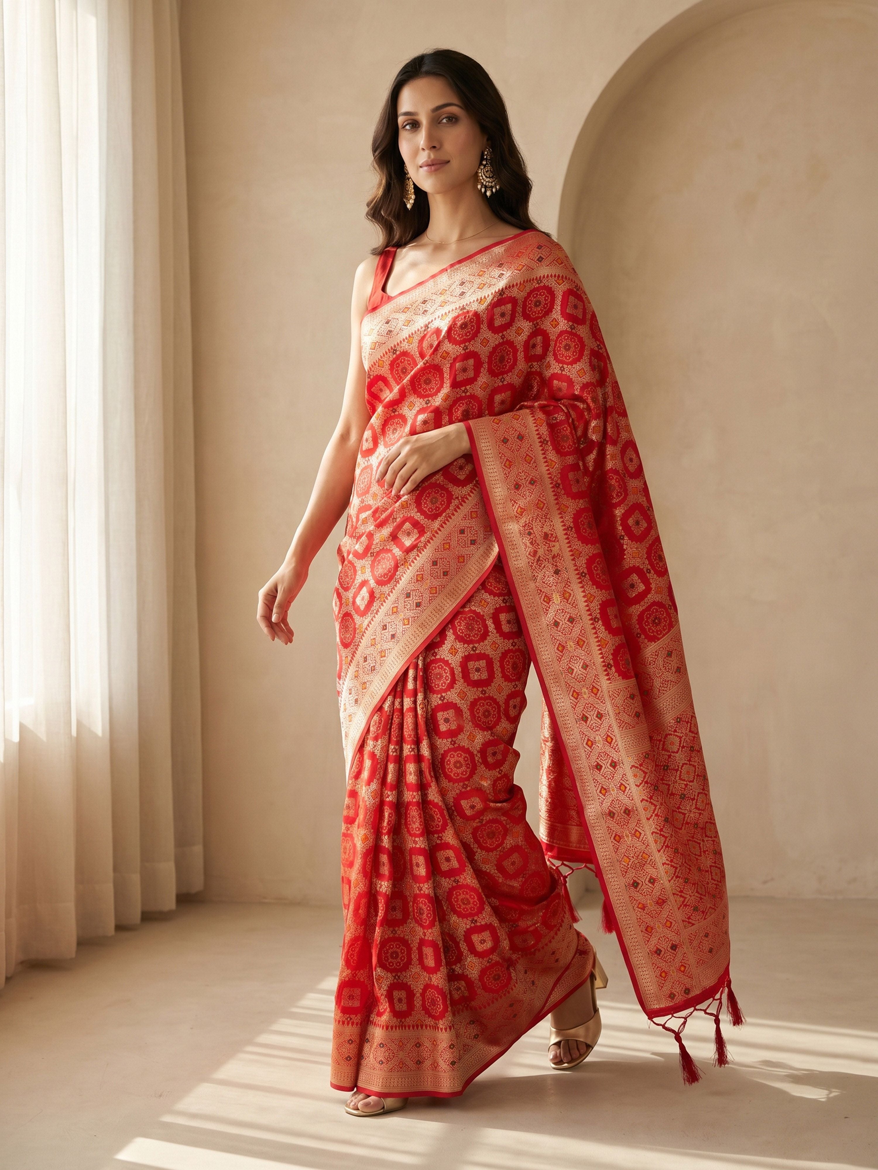 Red Cotton-Silk Saree with Woven Geometric Design & Zari