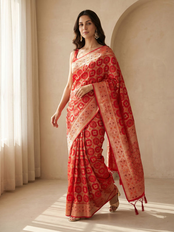 Red Cotton-Silk Saree with Woven Geometric Design & Zari