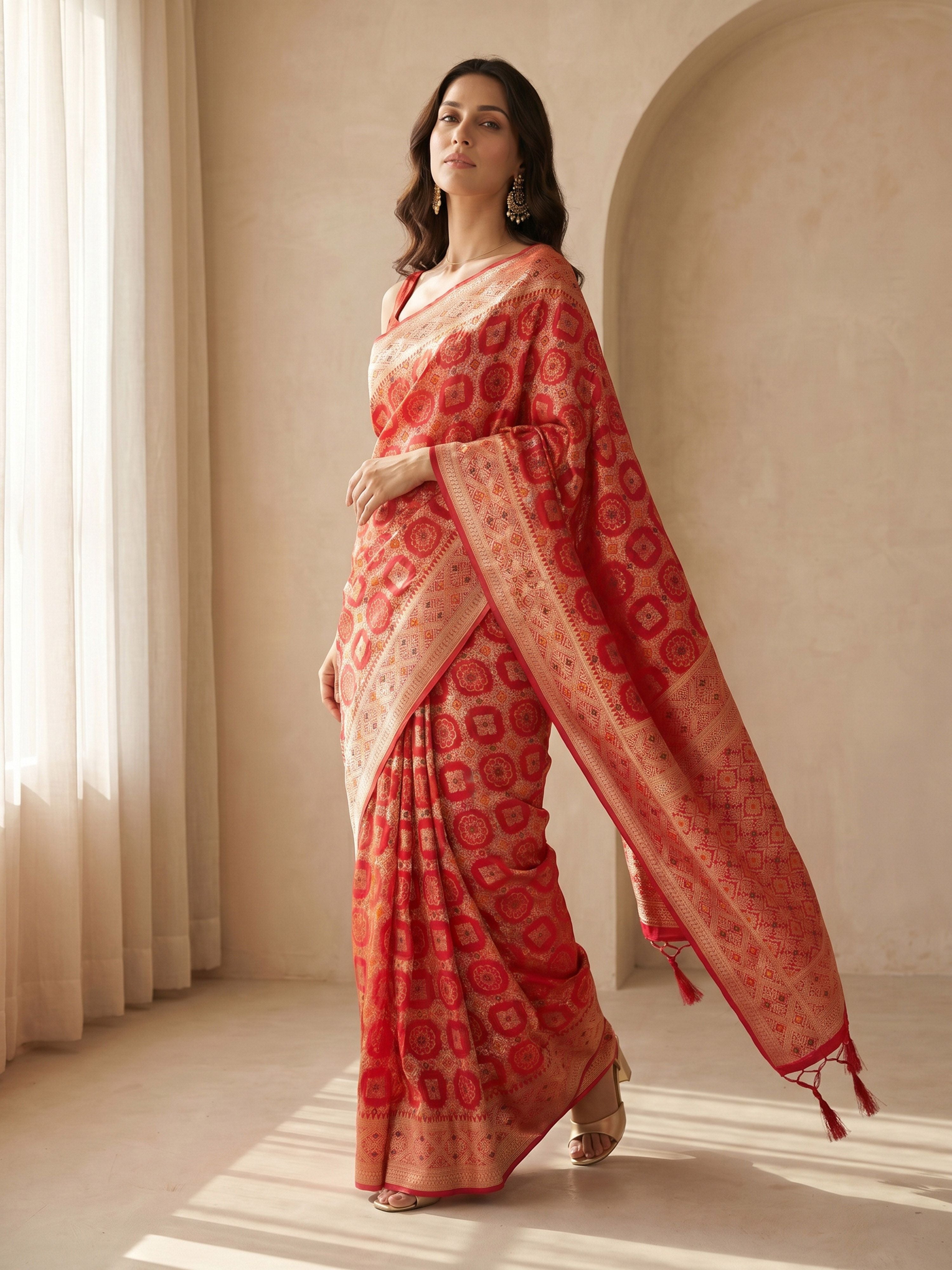 Women's Red Cotton-Silk Geometric Print Saree With Unstitched Blouse Piece