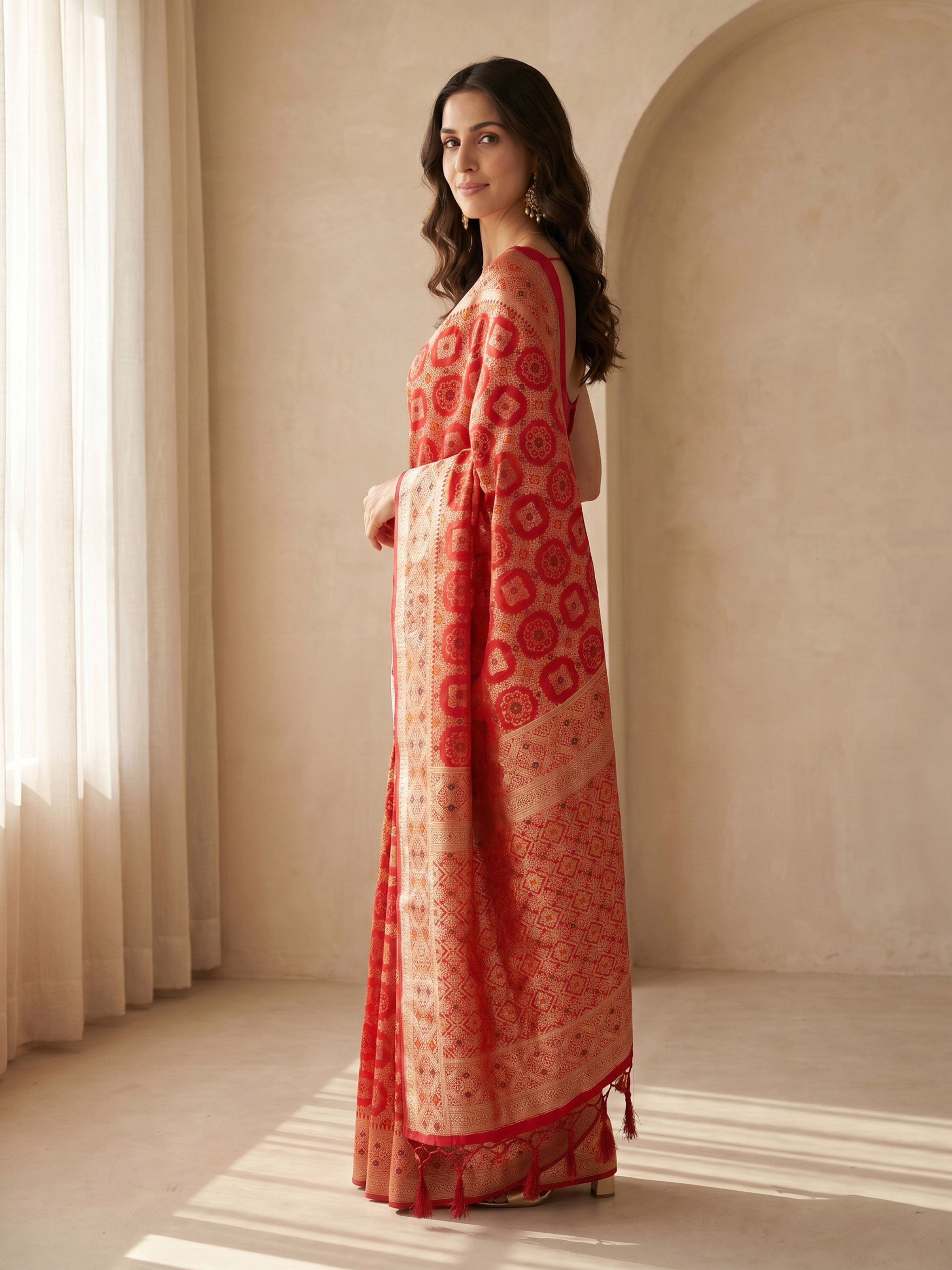 Women's Red Cotton-Silk Geometric Print Saree With Unstitched Blouse Piece