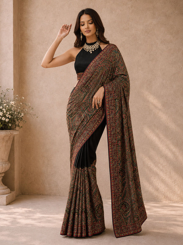 Black Poly Georgette Printed Saree with Blouse Piece