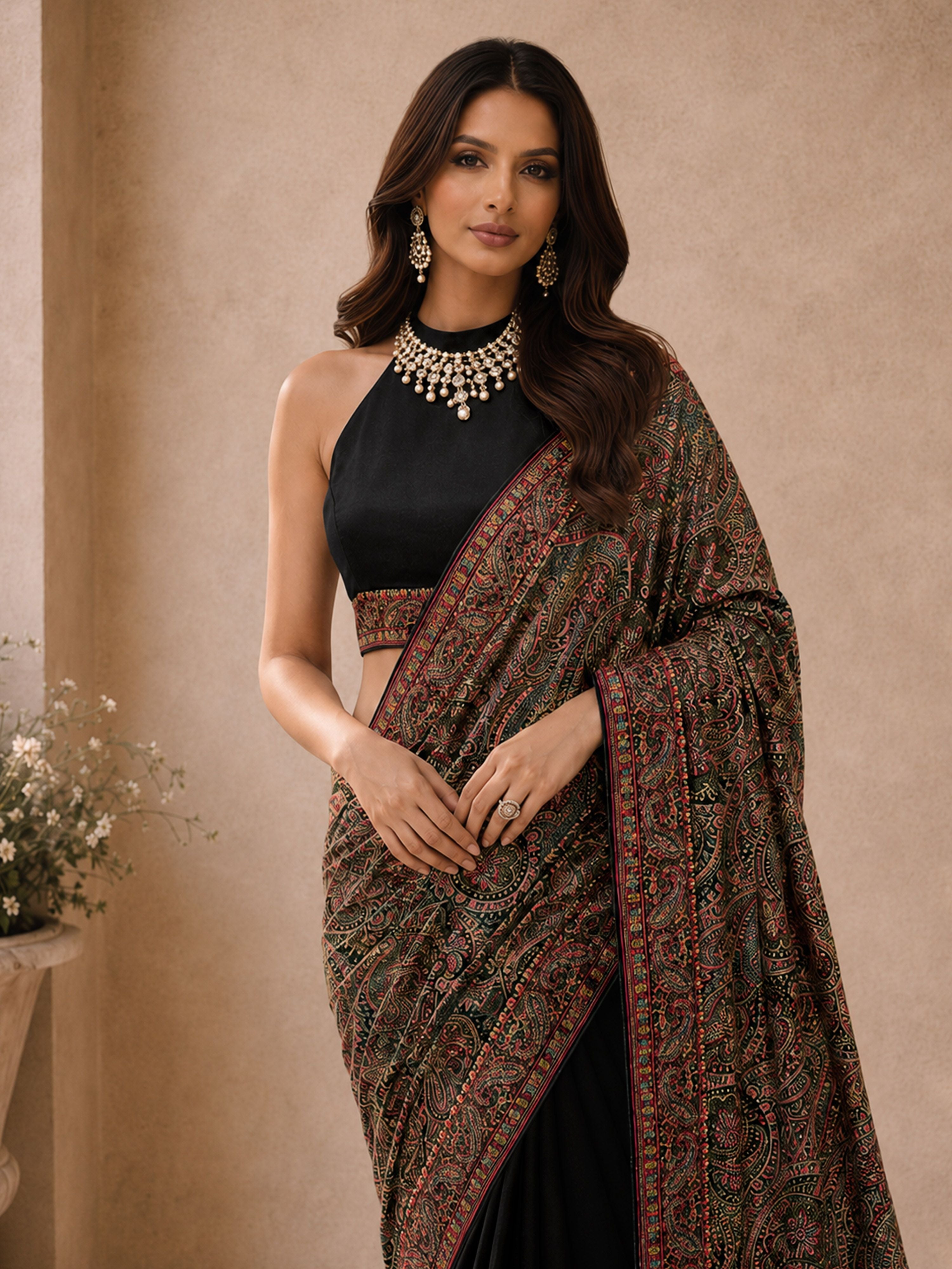 Women's Black Georgette Ethnic Motifs Saree With Unstitched Blouse Piece