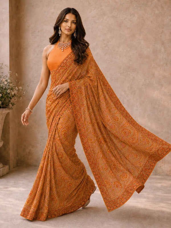 Orange Poly Georgette Paisley Printed Festive Saree