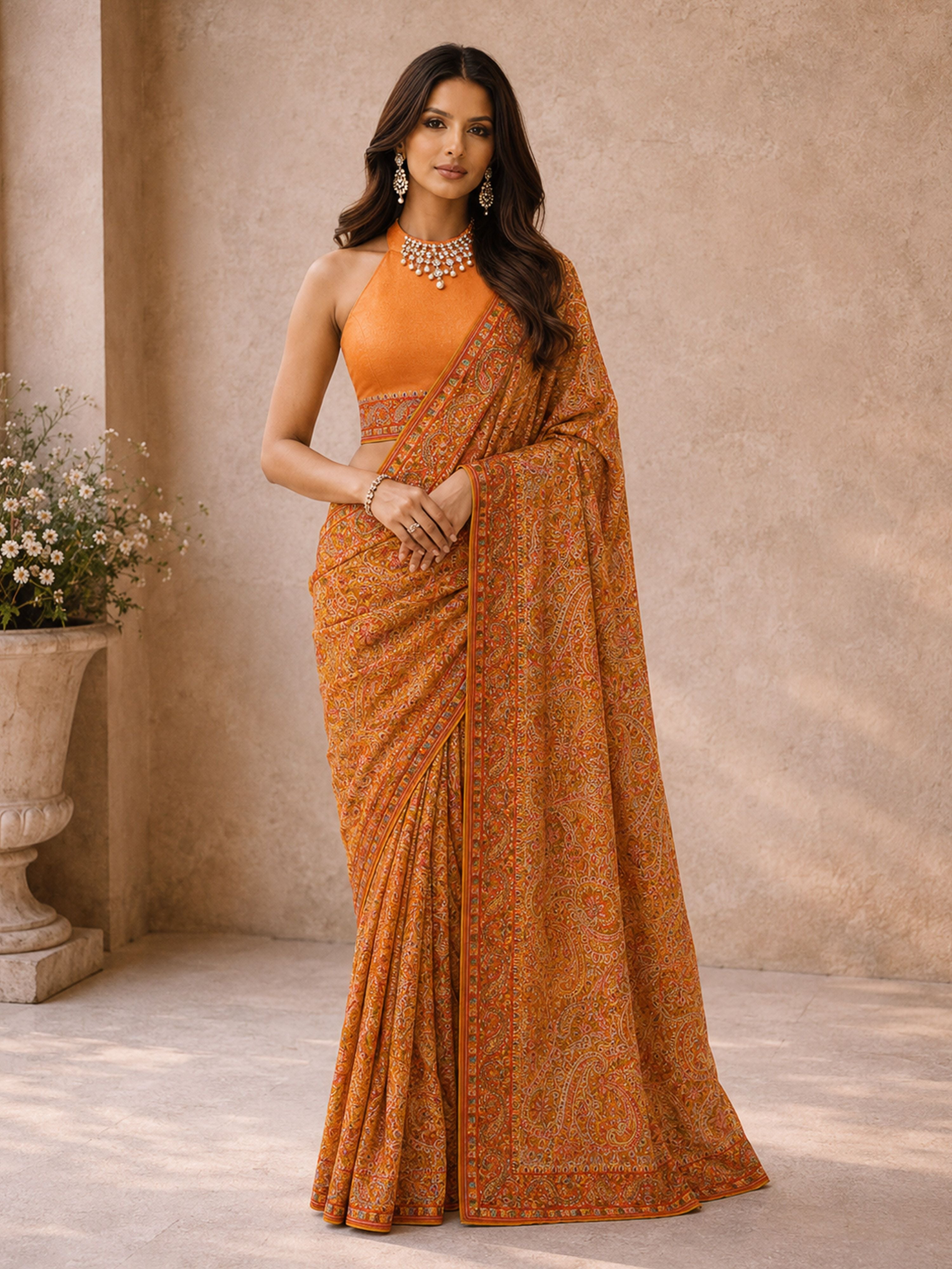 Women's Orange Georgette Paisley Saree With Unstitched Blouse Piece