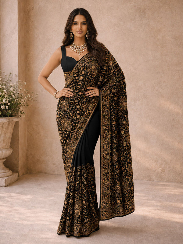 Black Poly Georgette Floral Print Saree with Blouse