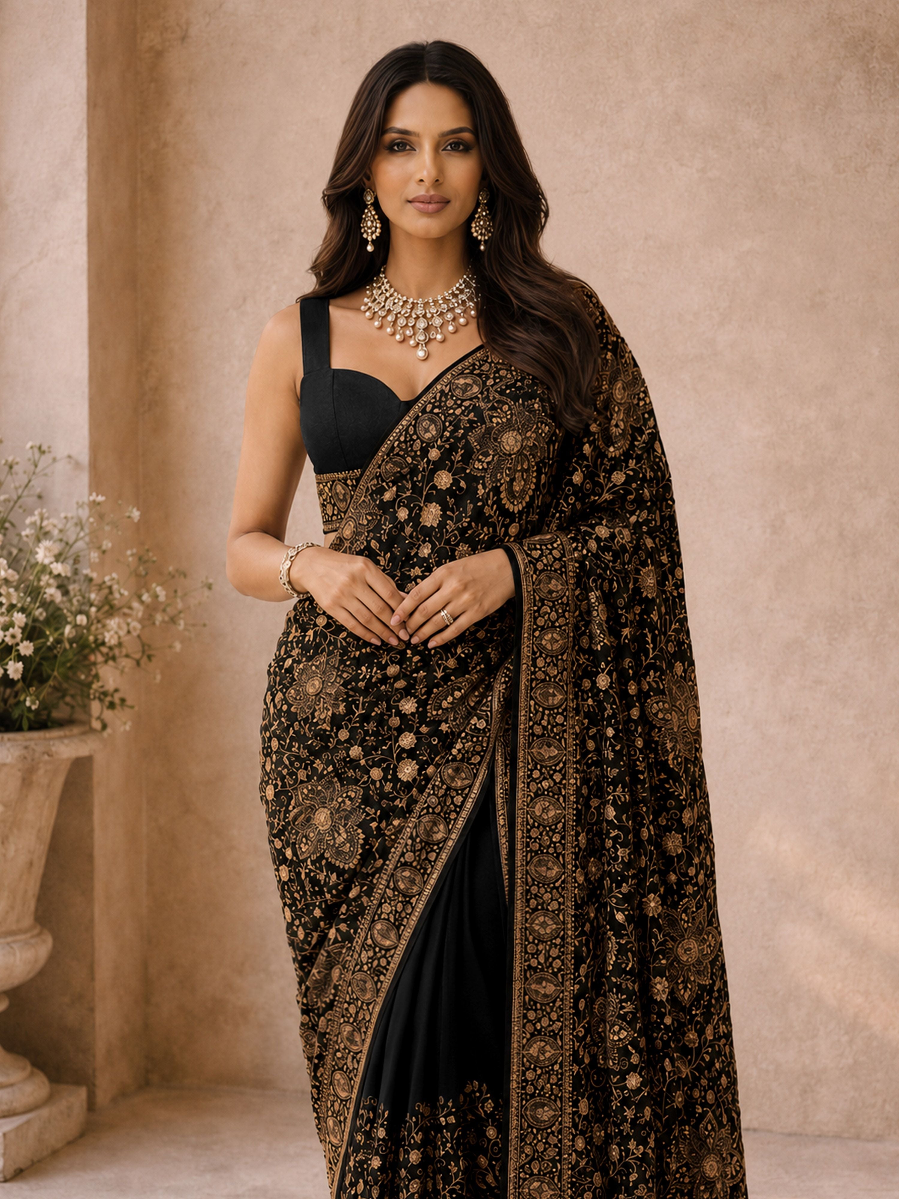 Women's Black Georgette Floral Print Saree With Unstitched Blouse Piece
