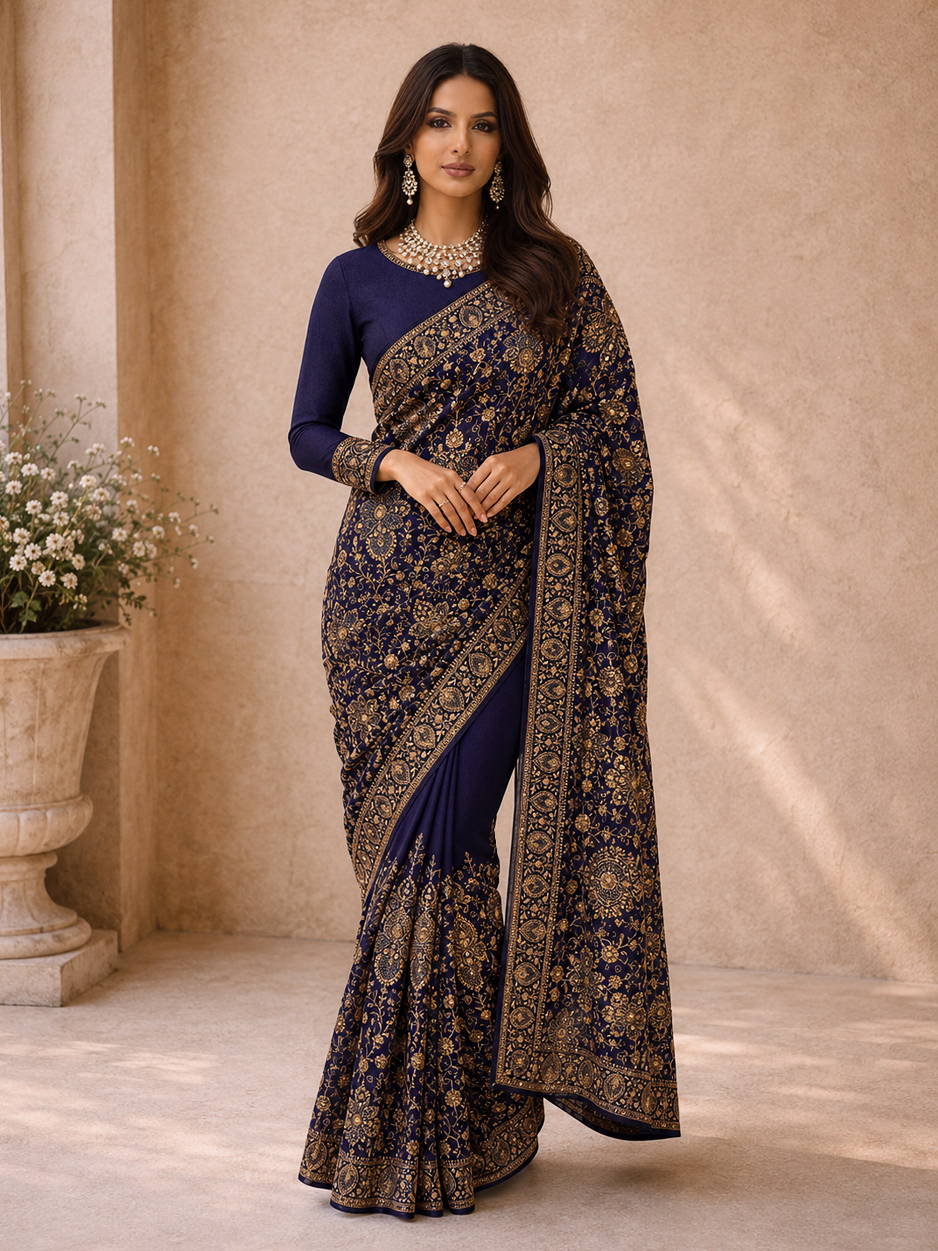 Women's Navy Blue Floral, Ethnic Motifs Saree with Unstitched Blouse Piece