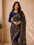 Women's Navy Blue Floral, Ethnic Motifs Saree with Unstitched Blouse Piece
