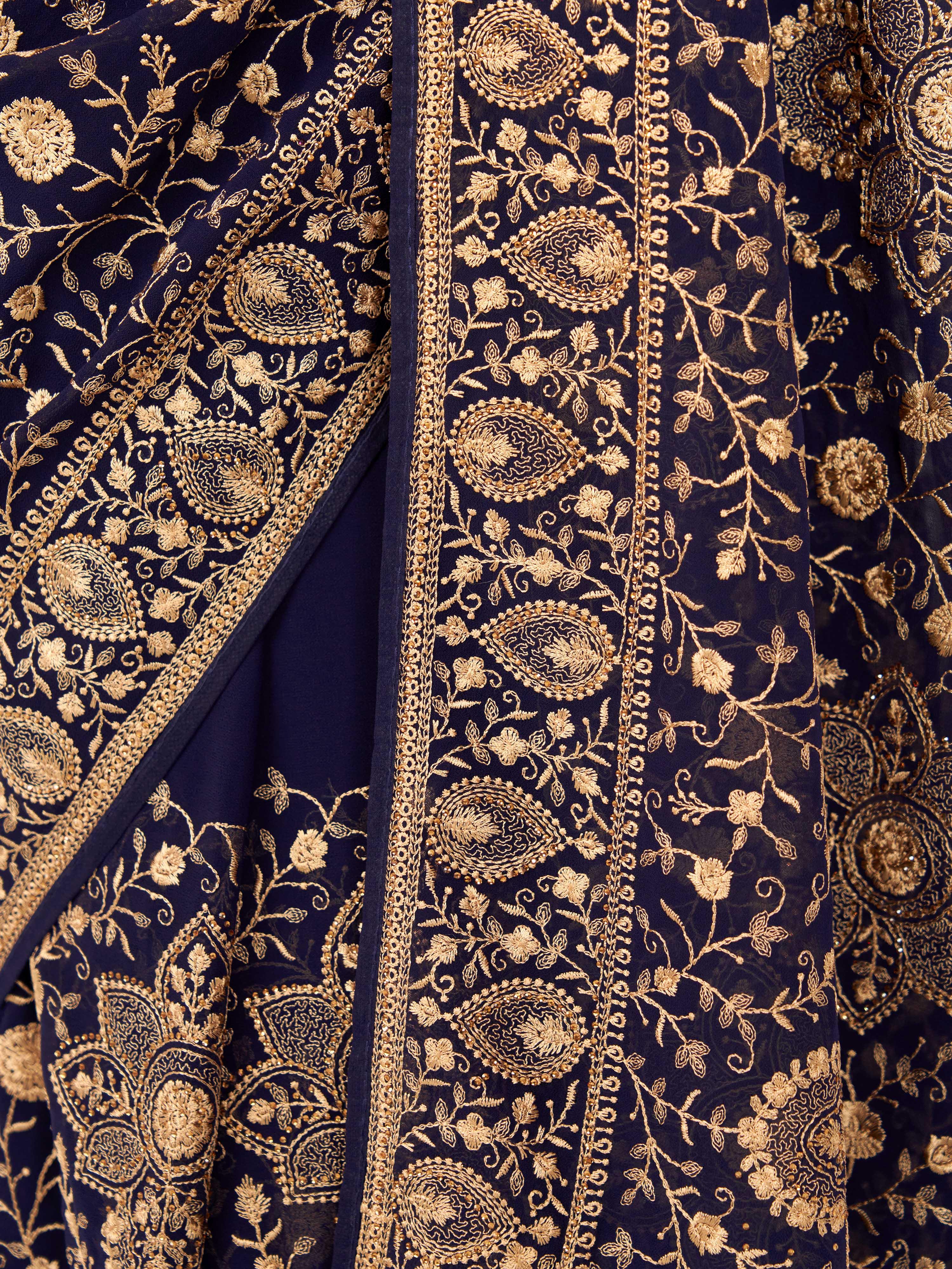 Women's Navy Blue Floral, Ethnic Motifs Saree with Unstitched Blouse Piece