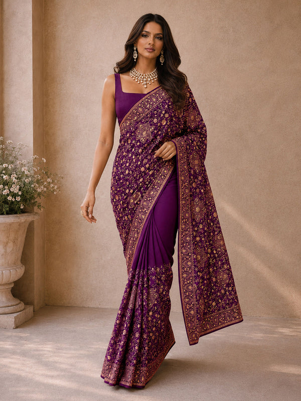 Purple Poly Georgette Floral Print Saree with Blouse