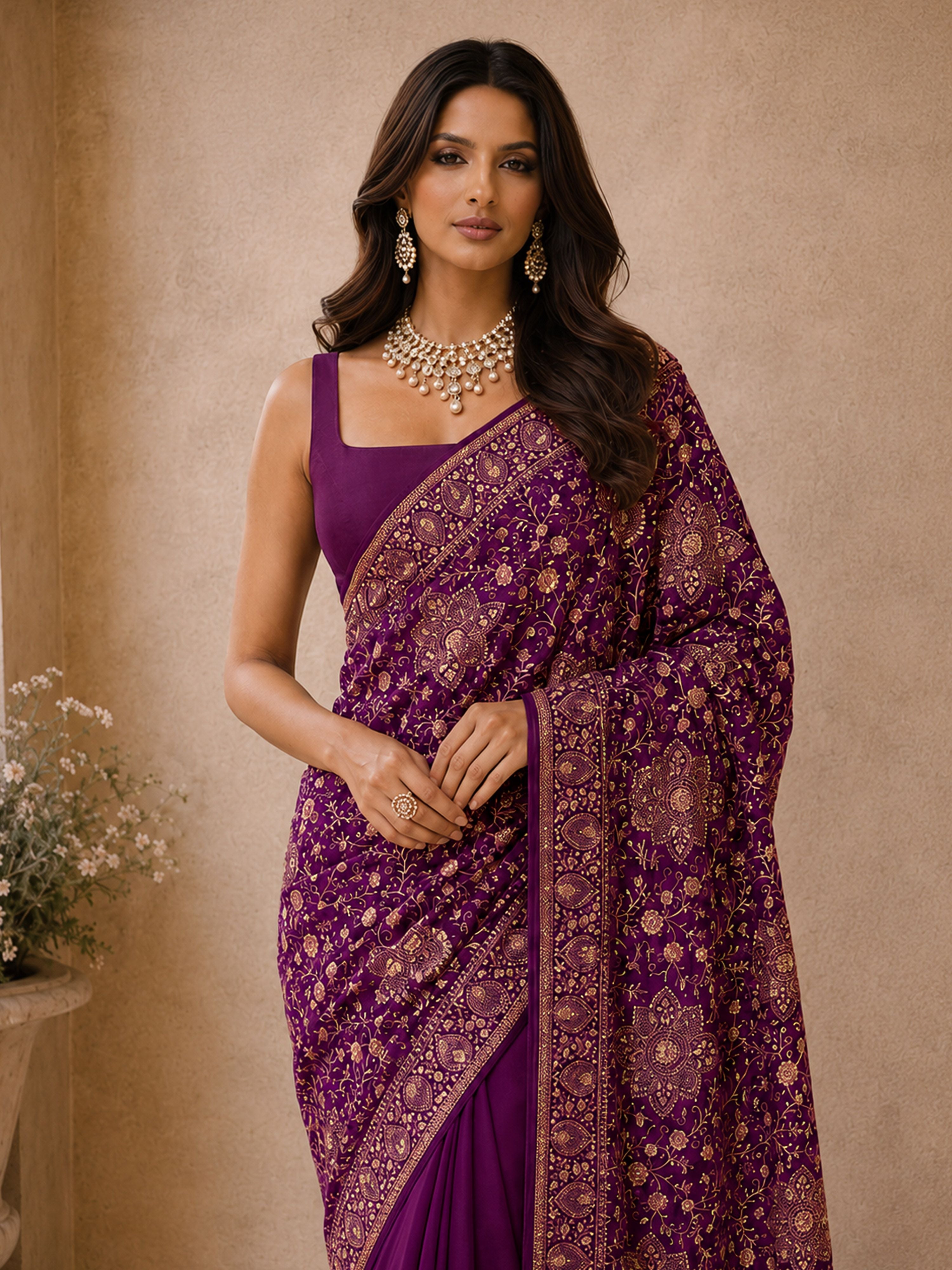 Women's Purple Georgette Floral Print Saree With Unstitched Blouse Piece