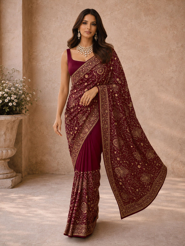 Red Poly Georgette Floral Print Saree with Zari Border