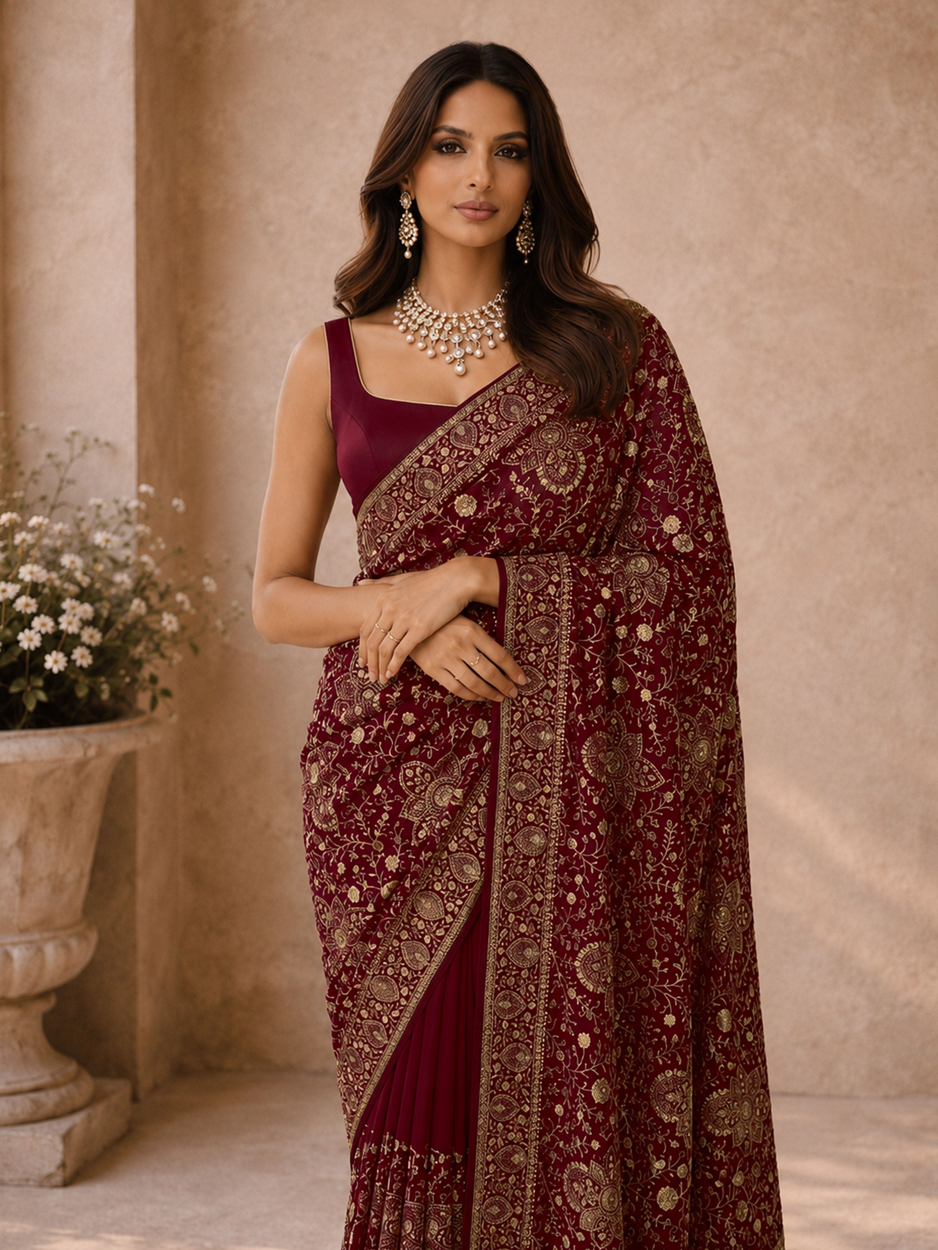 Women's Red Georgette Floral Print Saree With Unstitched Blouse Piece