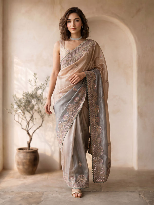 Grey Organza Embroidered Saree with Sequin Border Work