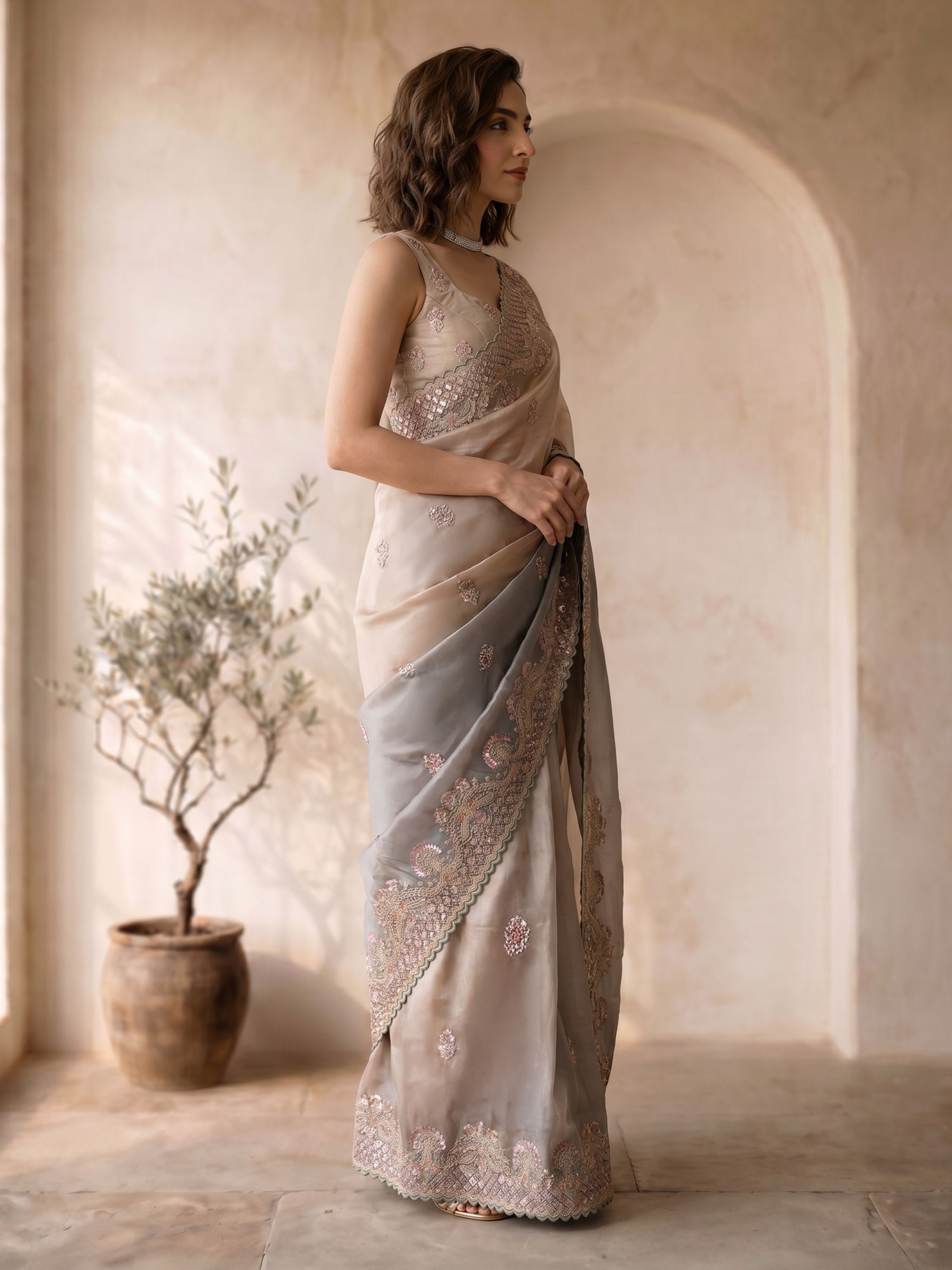 Women's Grey Organza Embroidered Saree With Unstitched Blouse Piece