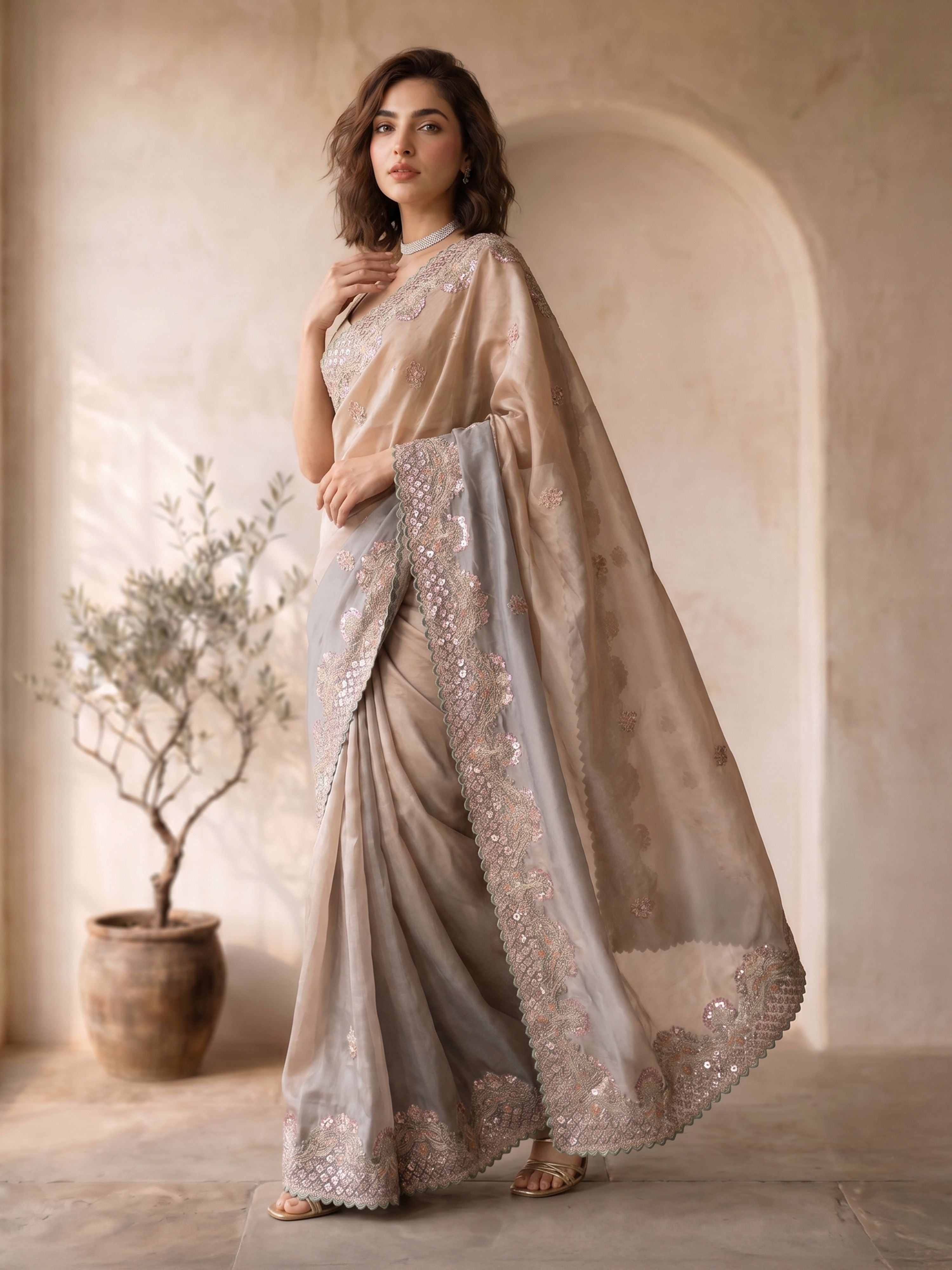 Women's Grey Organza Embroidered Saree With Unstitched Blouse Piece
