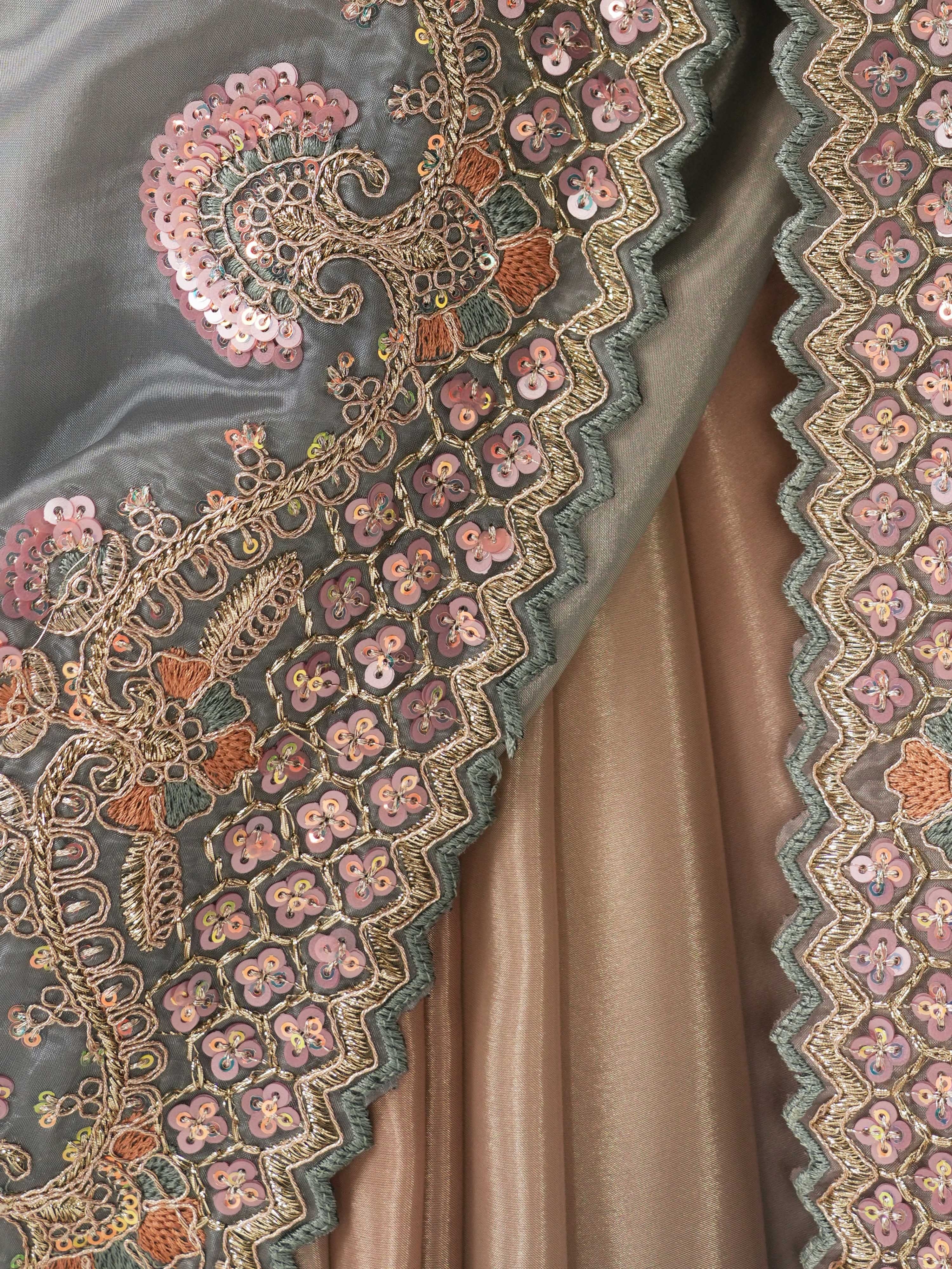 Women's Grey Organza Embroidered Saree With Unstitched Blouse Piece