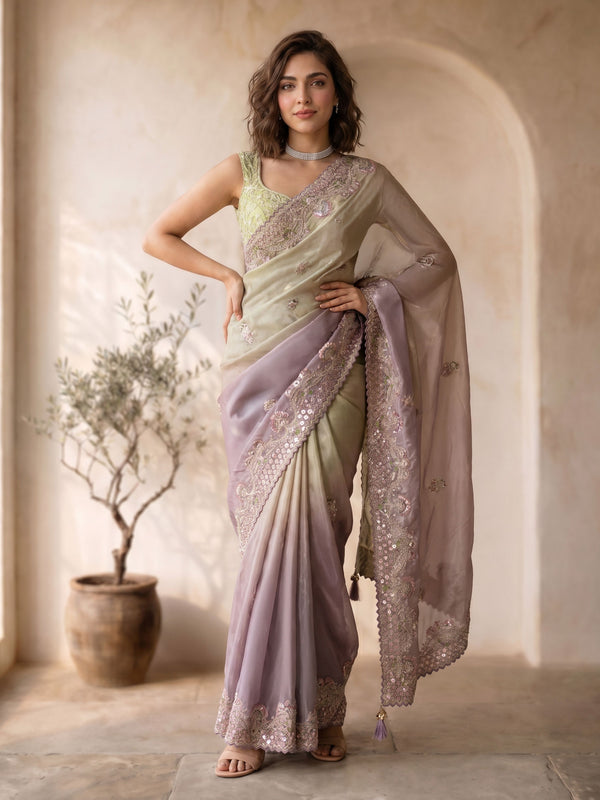 Lavender Organza Embroidered Sequin Saree with Tassels